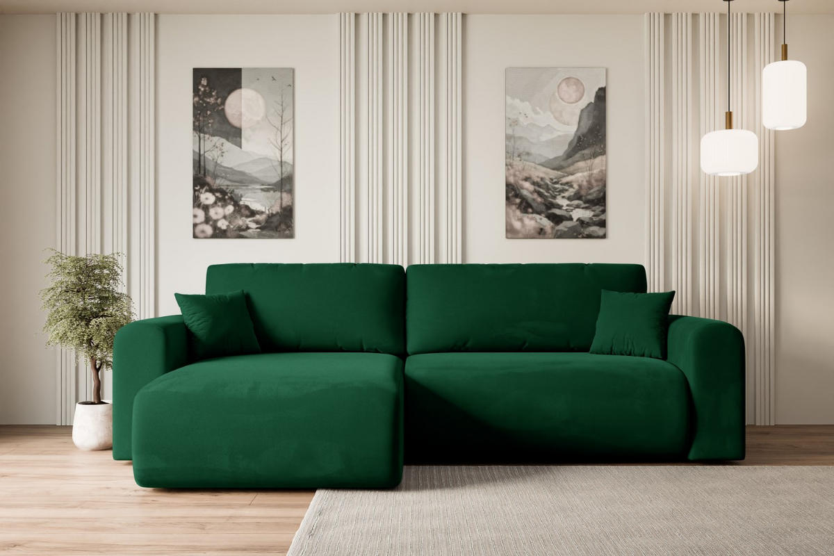 ECKSOFA mit Schlaffunktion und Bettkasten ORRO-L - 272x145x83 cm Grün Velours - Schwarz/Grün, Holzwerkstoff/Kunststoff (272/145cm) - ALTDECOR