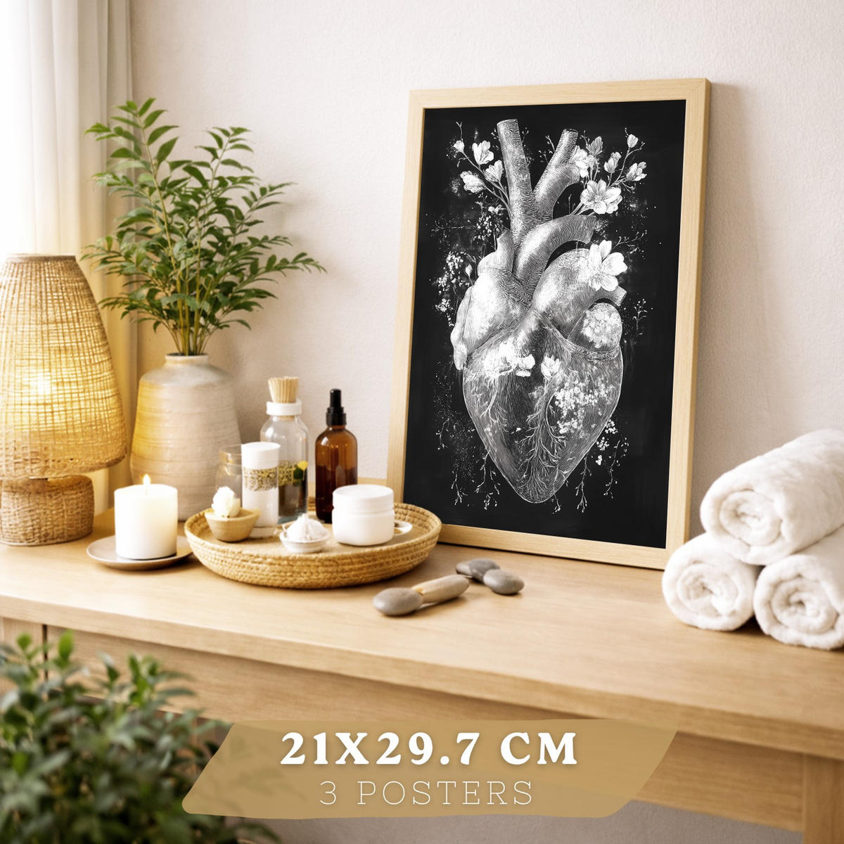 POSTER Set aus 3 Anatomie Drucke und Wandbilder mit Inneren Organen Gehirn Herz Nieren Minimalistisches Schwarz Weiß Design Größe Rahmenlos A4 - Klar, Papier (21/29.7/3cm) - Nacnic
