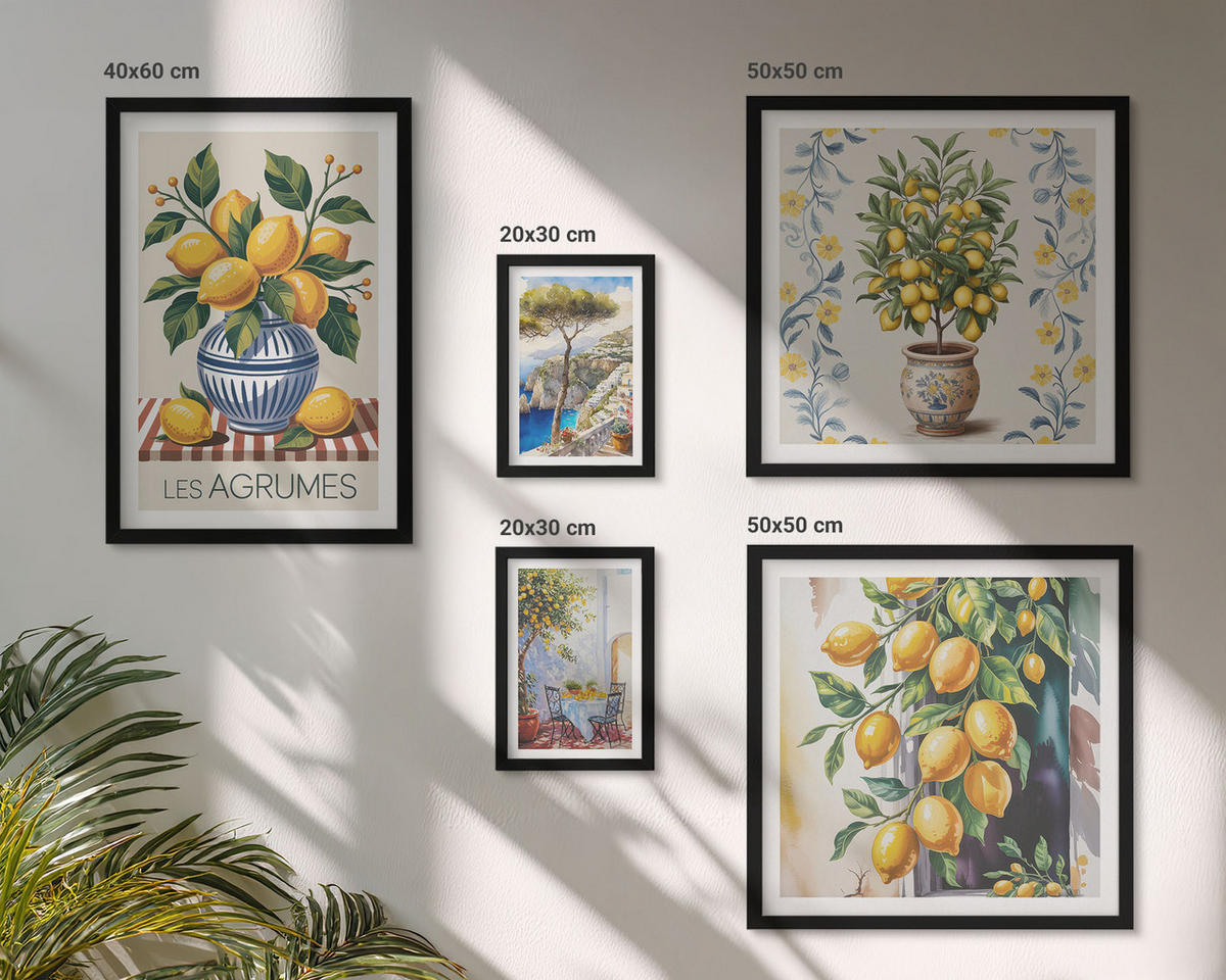 WANDBILDER 5er-Set - 50x50 cm & 20x30 cm & 40x60 cm Schwarzer Rahmen - Zitronenbäume am Meer - Schwarz, Kunststoff (40/60cm) - ArtPrintCave