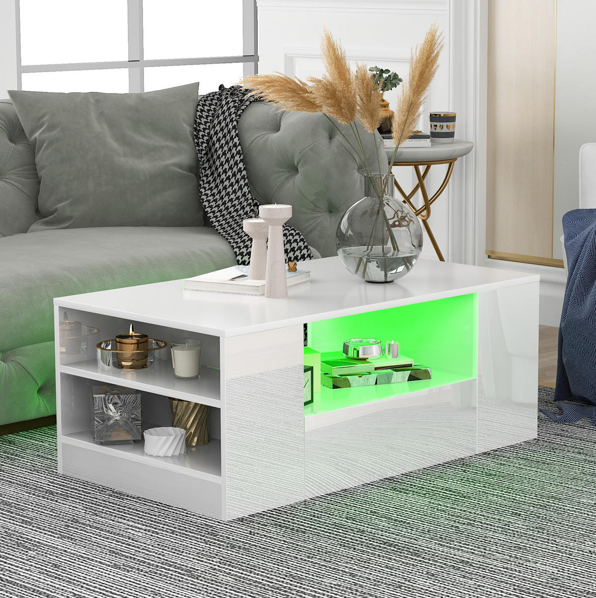 COUCHTISCH 95/53/37 cm Weiß aus Holzwerkstoff mit 2 Schubladen und LED-Beleuchtung - Weiß, Holzwerkstoff (95/53/37cm) - OKWISH