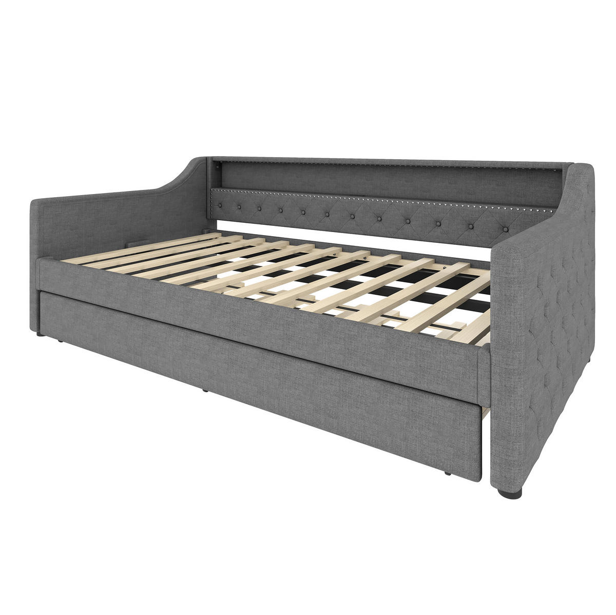 POLSTERBETT 90/200 cm Grau aus Leinen und MDF mit Ausziehbett, LED-Beleuchtung und USB-Ladeanschluss - Grau, Textil (90/200cm) - OKMYHOME