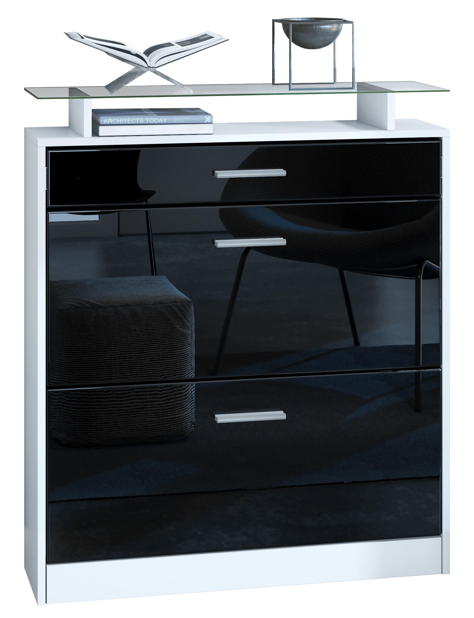 SCHUHSCHRANK Loret Front in Schwarz Hochglanz - Schwarz Hochglanz, Holzwerkstoff (89/104/23cm) - Vladon