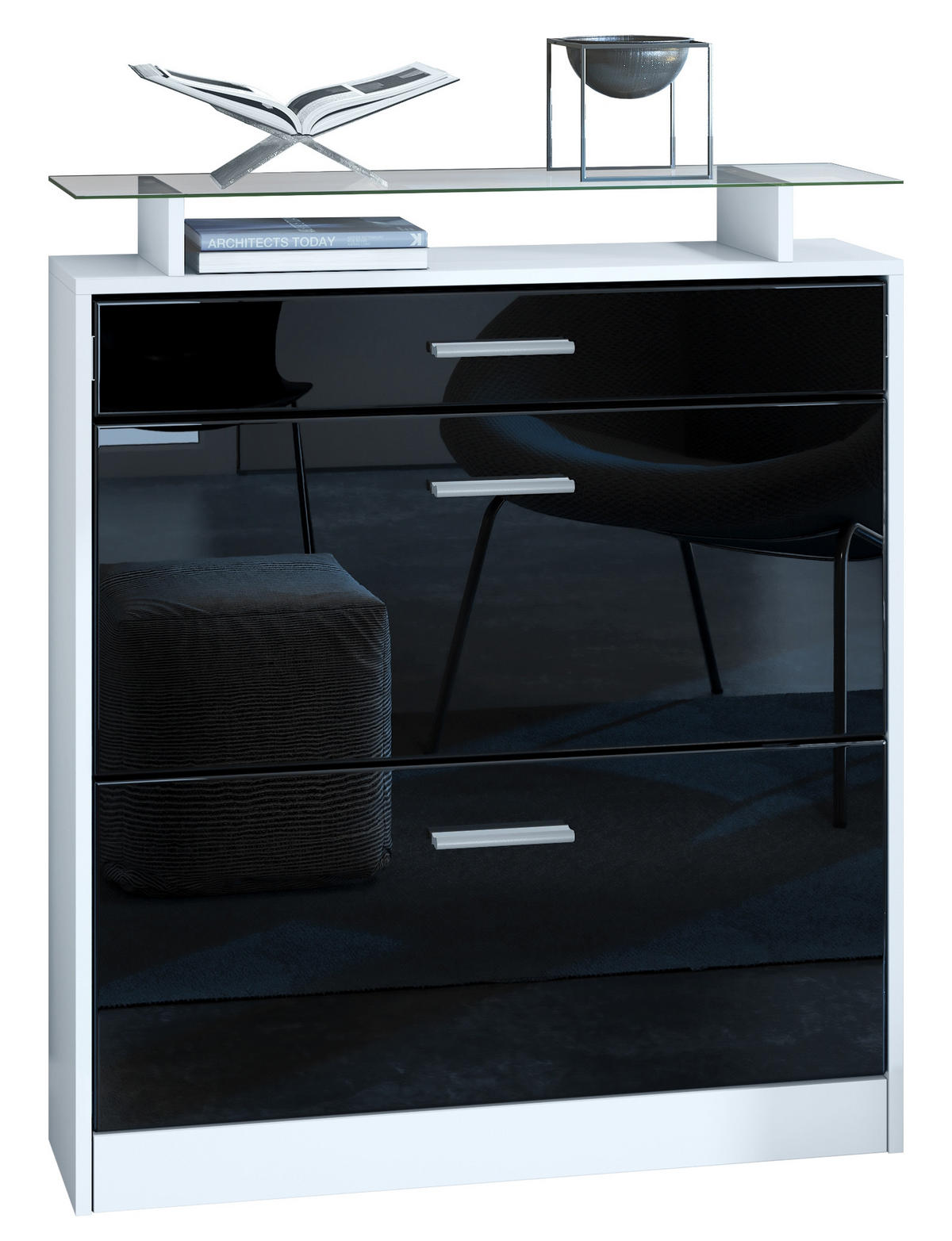 SCHUHSCHRANK Loret Front in Schwarz Hochglanz - Schwarz Hochglanz, Holzwerkstoff (89/104/23cm) - Vladon