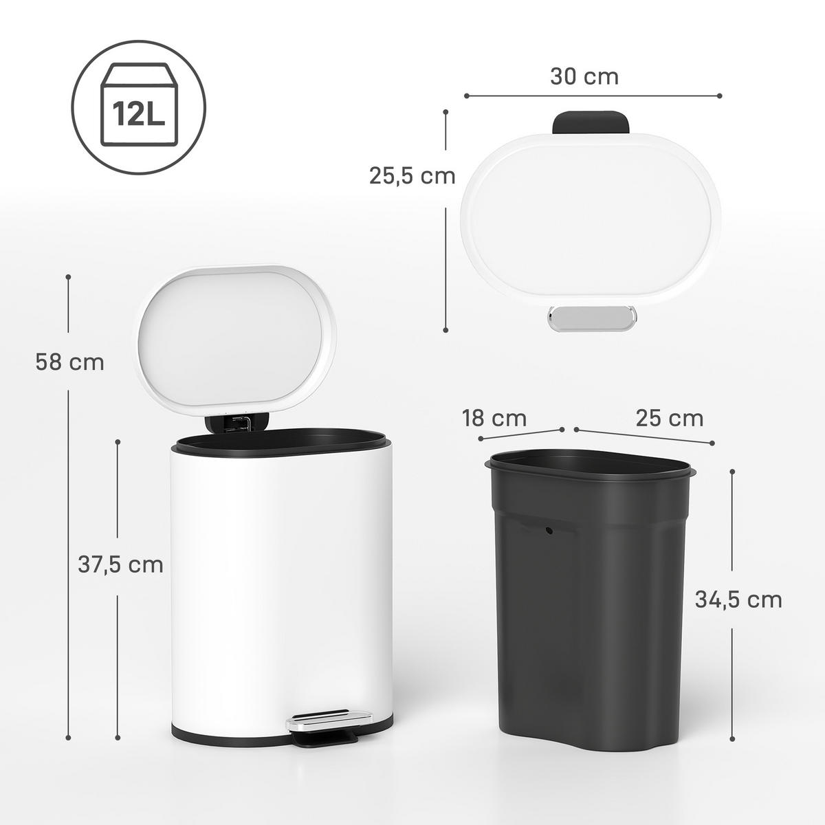 MÜLLEIMER 12L Abfalleimer mit Deckel Fußpedal Soft-Close-Funktion - Weiß, Metall (25.5/37.5/30cm) - HOMCOM