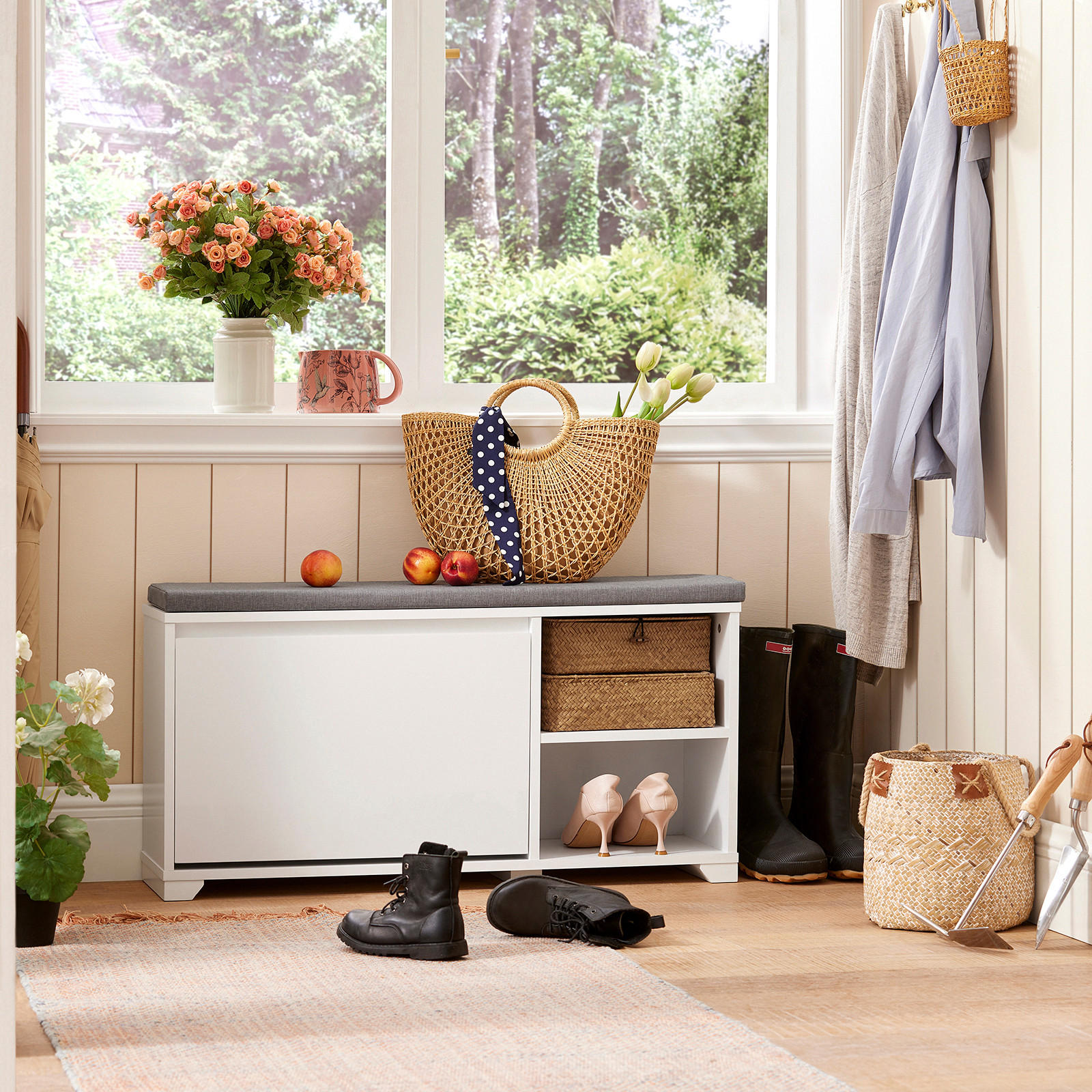 SCHUHBANK Grau - Hellgrau/Weiß, Holzwerkstoff (90/46/24cm) - SoBuy