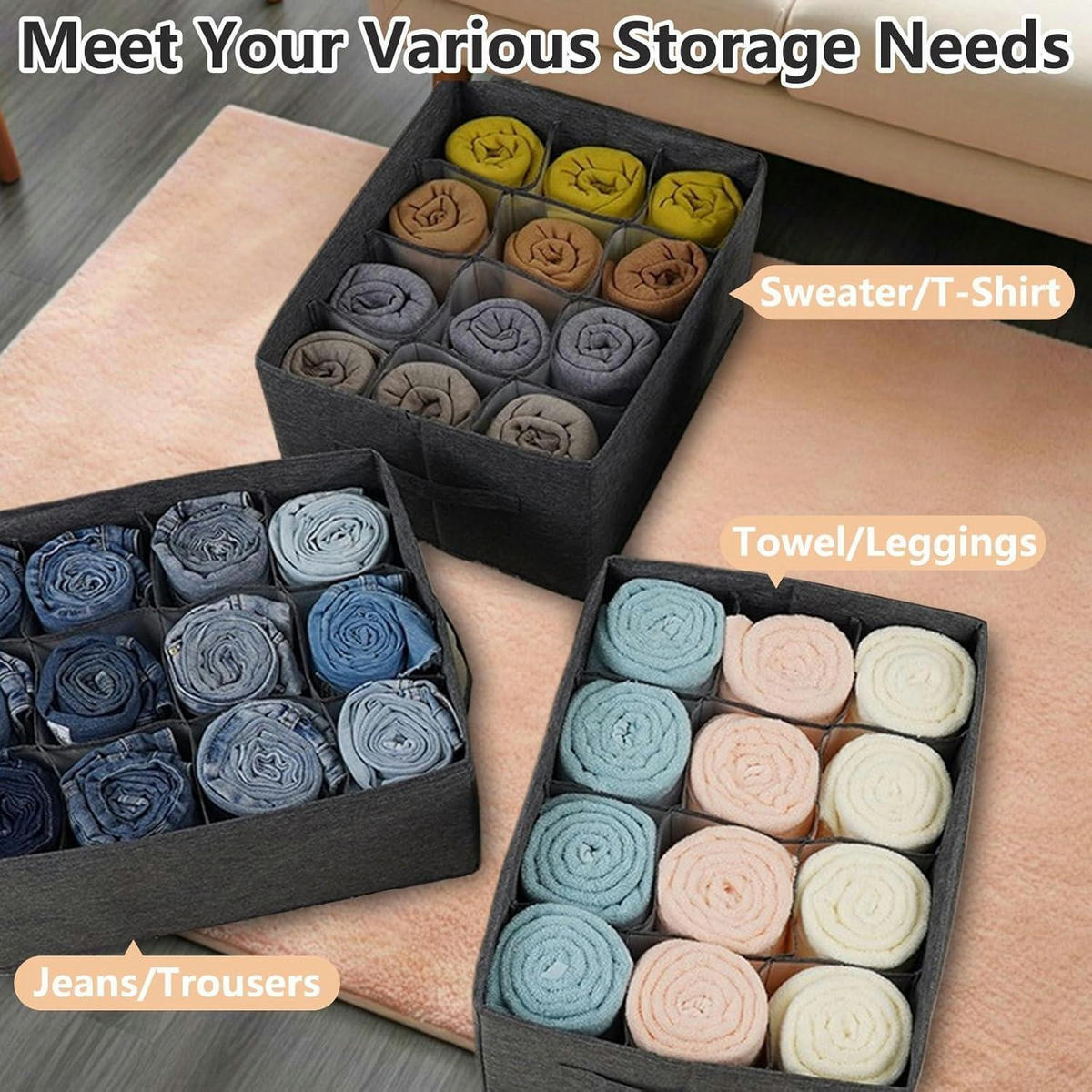 KLEIDERSCHRANK Organizer 2-teiliges Set 12 Zellen Grau - Grau, Textil (26/44/8cm)