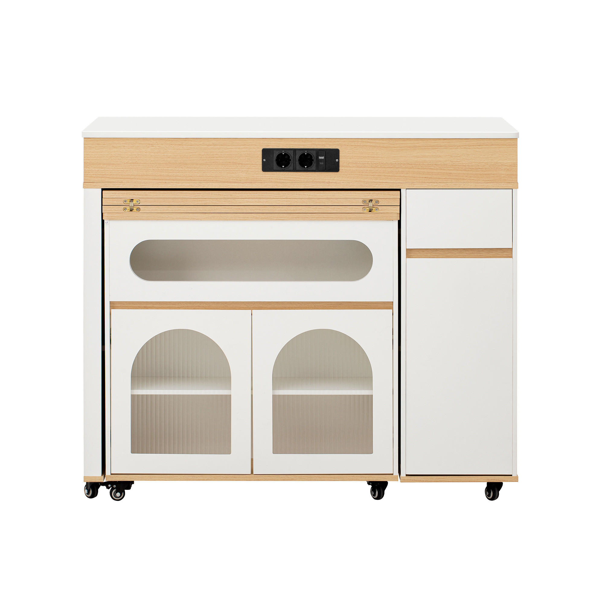 Modfu KUCHYŇSKÝ ostrov z MDF 187x110x95 cm bílý/přírodní s výsuvným stolem, zásuvkou a integrovanými zásuvkami