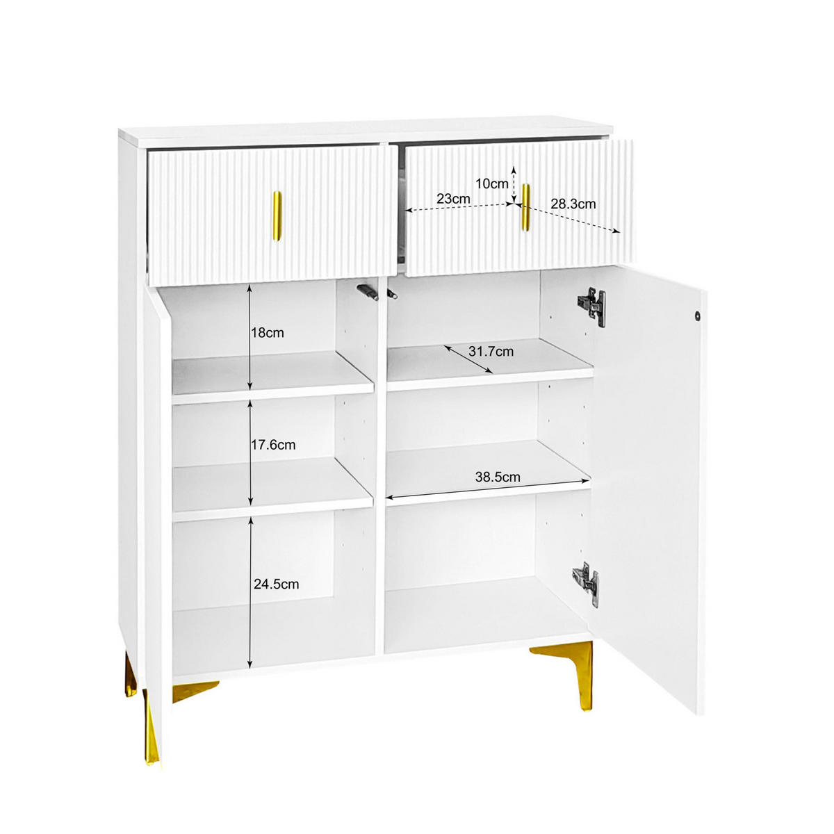 SCHUHSCHRANK Sideboard Weiß mit Schubladen, Push-to-Open und goldenen Akzenten - Weiß, Holz (83/101/35cm) - PARAFTA HOME