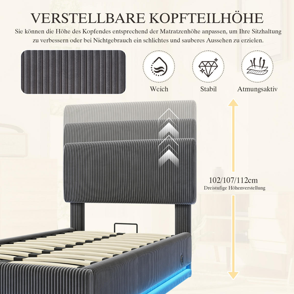 POLSTERBETT 90x200 cm LED USB Stauraum grau - Dunkelgrau, Textil (90/200cm) - LEBENLANG