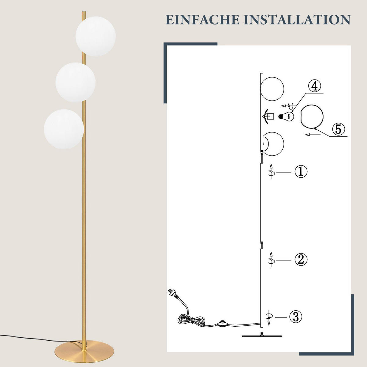 STEHLAMPE Yanecek 25/25/150cm - Weiß, Metall (25/25/150cm) - Nettlife