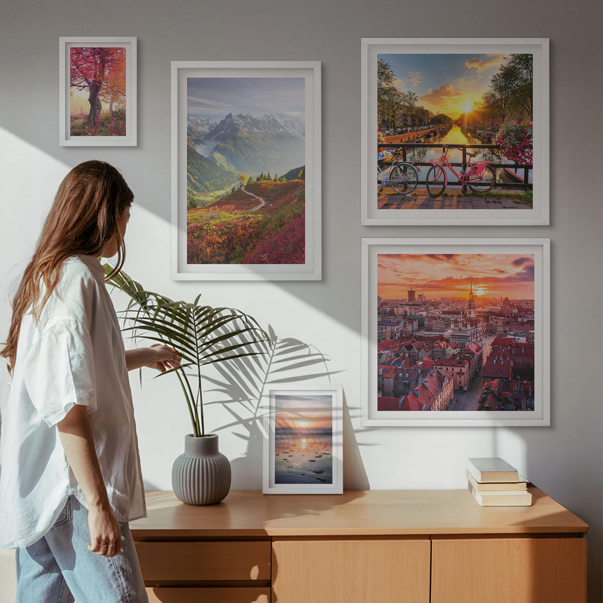 BILDER SET 5er Set - 50x50 cm & 20x30 cm & 40x60 cm Weißer Rahmen - Einfache Zeichnungen von Stadtansichten - Weiß, Kunststoff (40/60cm) - TULUP