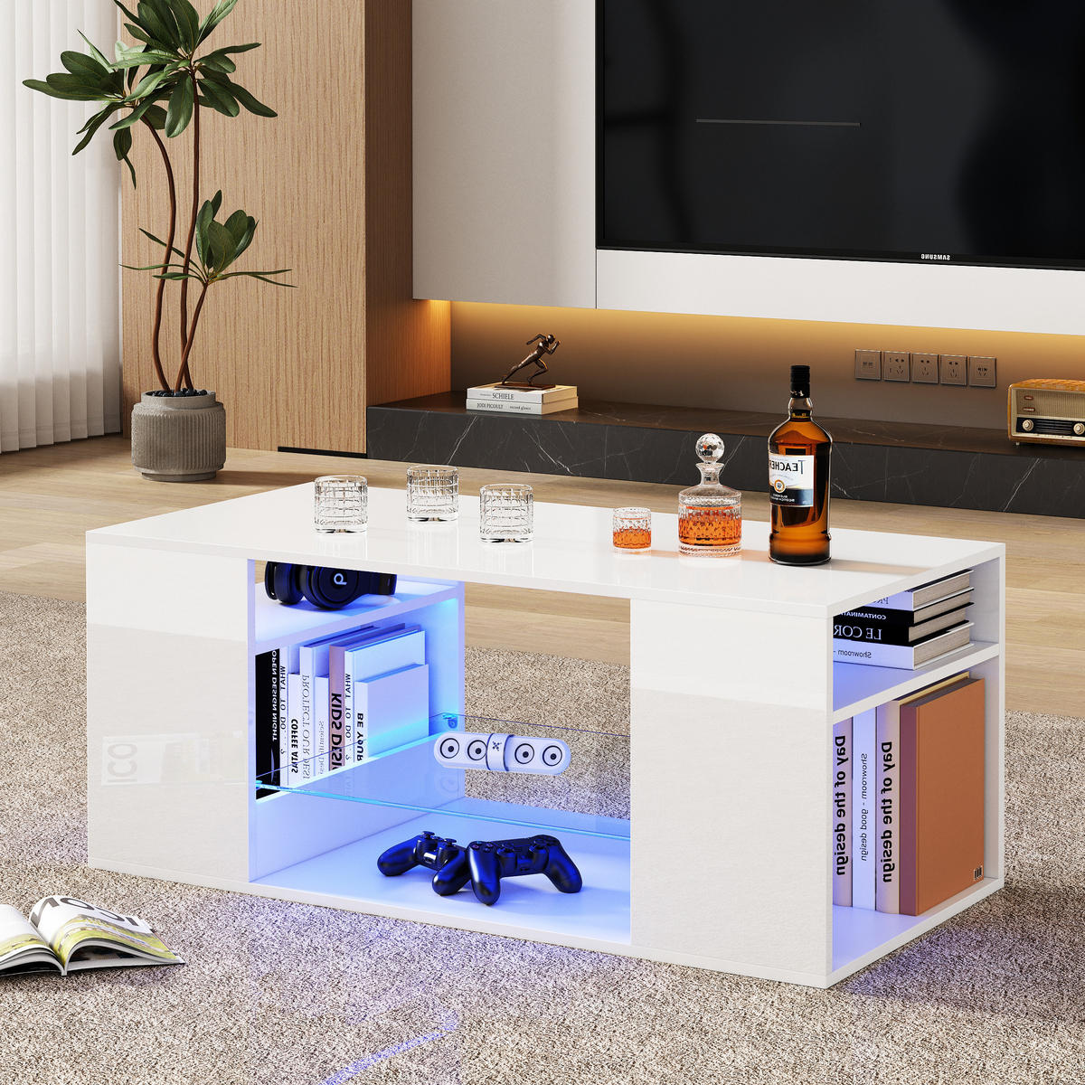 COUCHTISCH 96/45/45 cm hochglänzend mit LED-Beleuchtung und Glasplatte - Weiß, Holzwerkstoff (45/45/96cm) - OKWISH
