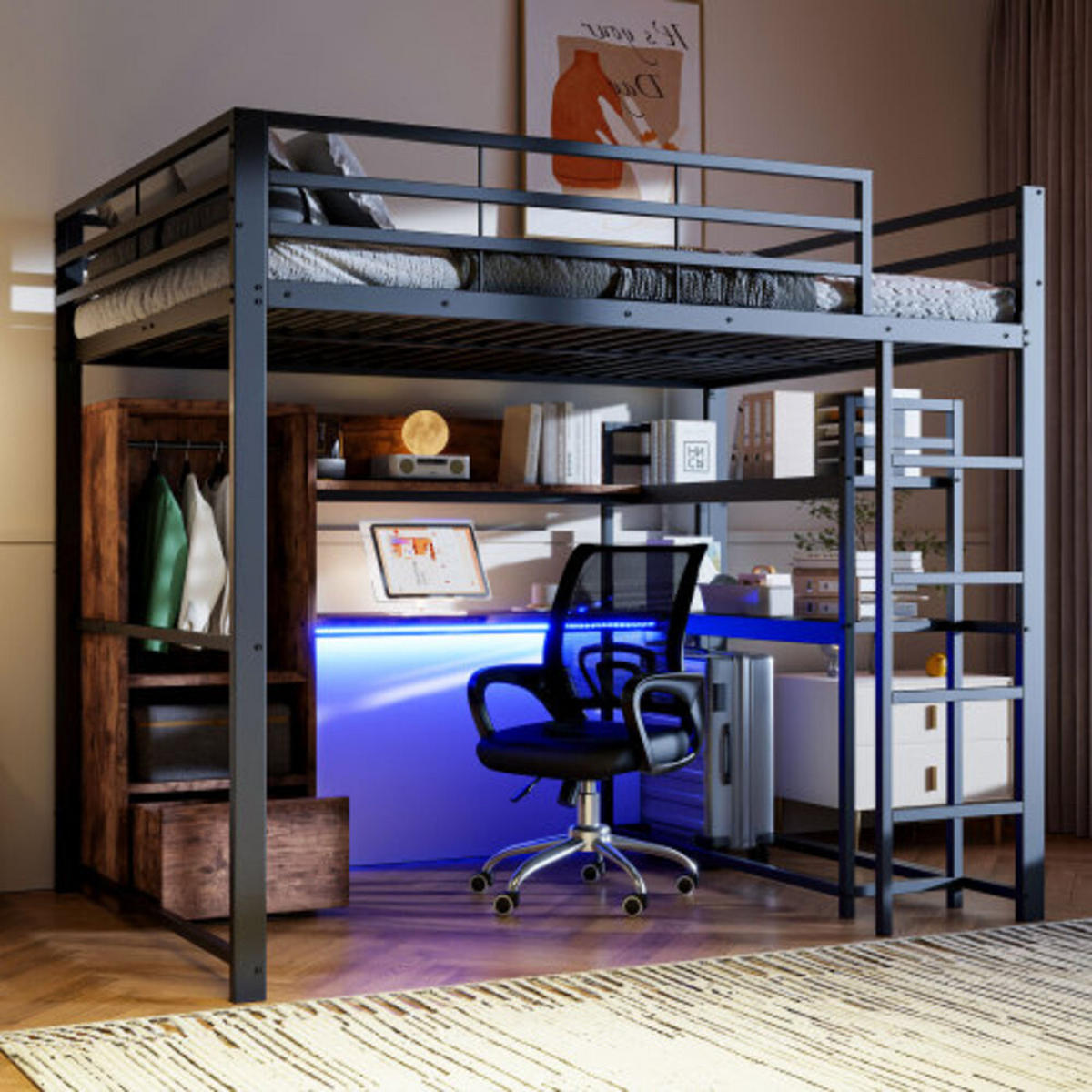 HOCHBETT 140 × 200 cm aus Metall und MDF mit Schreibtisch, Stauraumschublade und 16-Farben-LED-Leiste, schwarz - Schwarz, Holzwerkstoff - Luhomfu