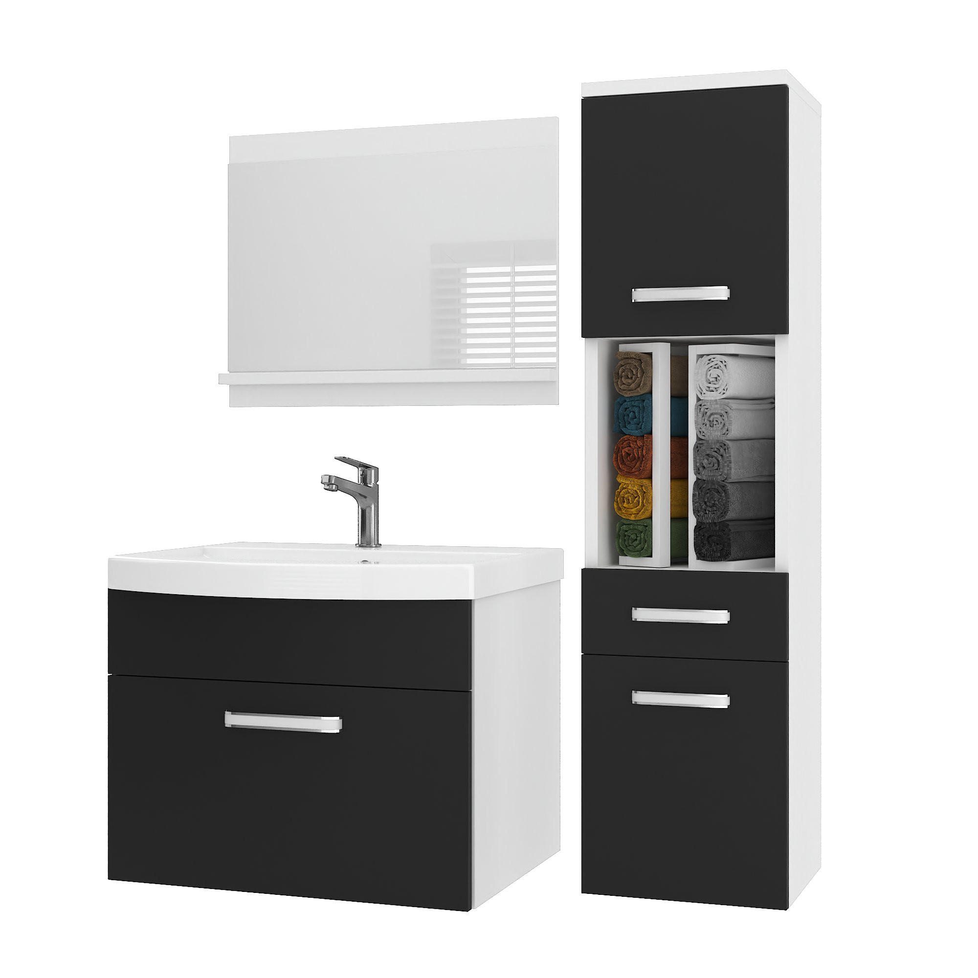 BADMÖBEL Badezimmer SET PRI M3, Schwarz Matt, 90 cm - Schwarz, Holz (38.7/113.5/90cm) - B BELINI GROUP
