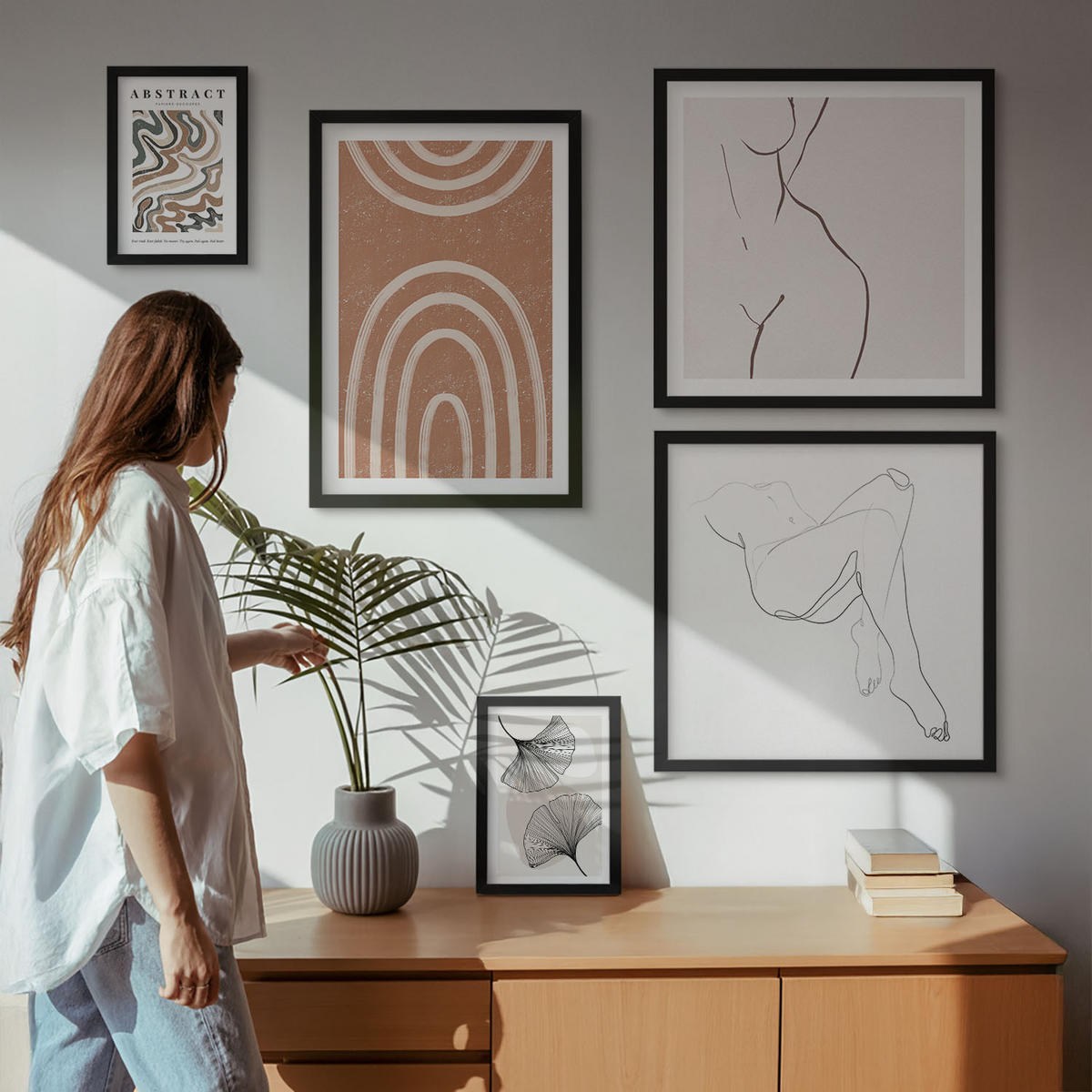 WANDBILDER 5er-Set - 50x50 cm & 20x30 cm & 40x60 cm Schwarzer Rahmen - Abstrakte Boho-Blattformen - Schwarz, Kunststoff (40/60cm) - ArtPrintCave
