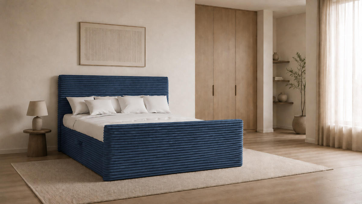 BOXBETT Mit Bettkasten Und Topper TRENTO Stoff Plüsch Cord 160x200 cm Dunkelblau H2-Pocket - Dunkelblau, Holz/Textil (160/200cm) - Kaiser Möbel