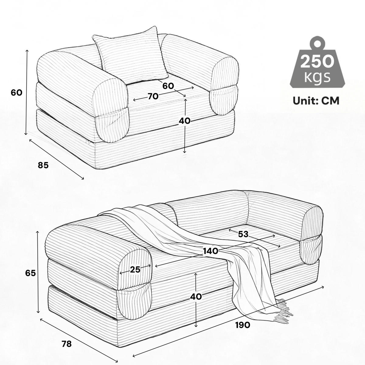 SOFA-SET modular 1-Sitzer + 2-Sitzer Cord Schwarz - Schwarz, Kunststoff (78/65/190cm) - Meubliv