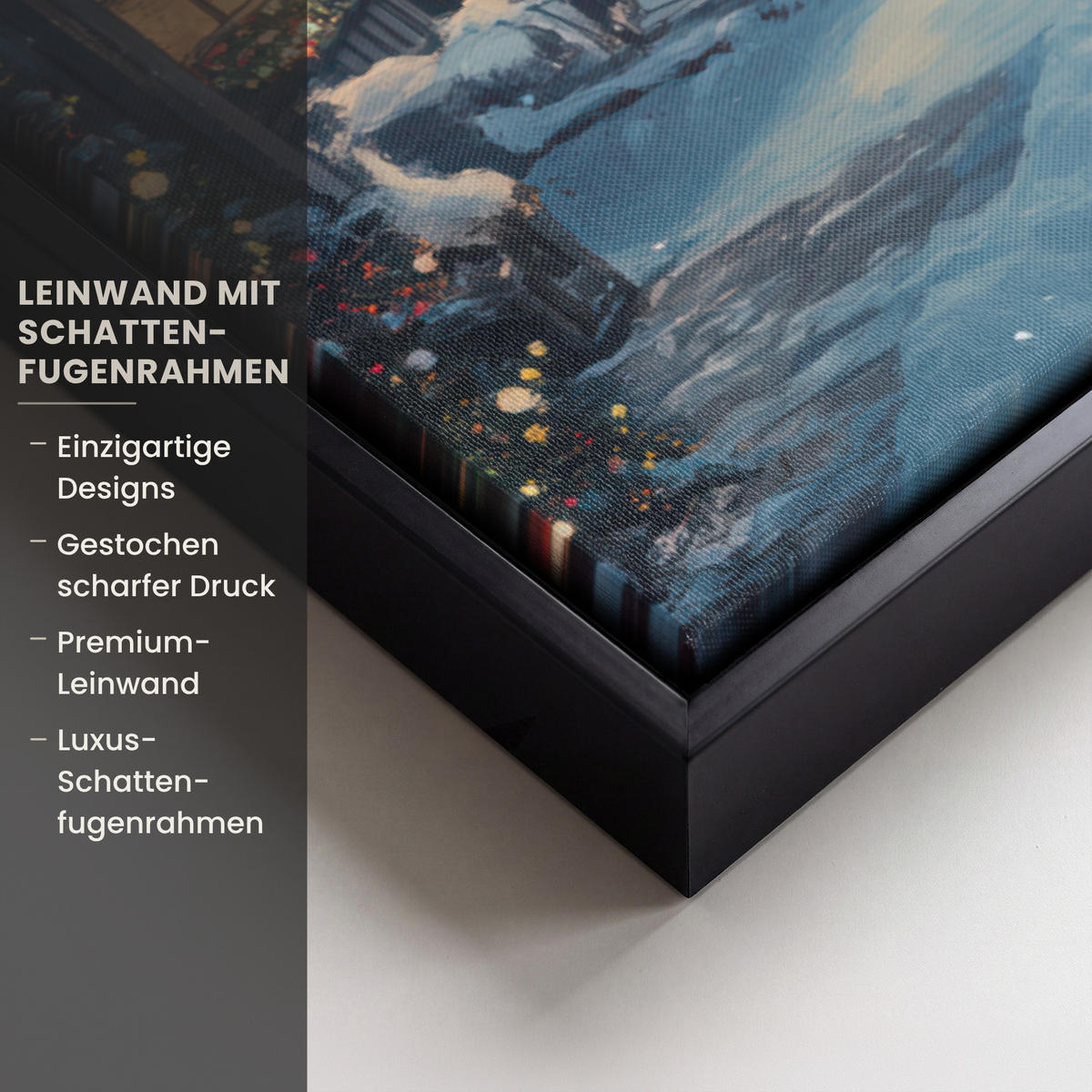 LEINWAND Bilder mit Rahmen - Weihnachtsdorf - Weihnachten - Schnee - Winter - 100x70 - Dunkelblau, Textil (100/70cm) - MuchoWow