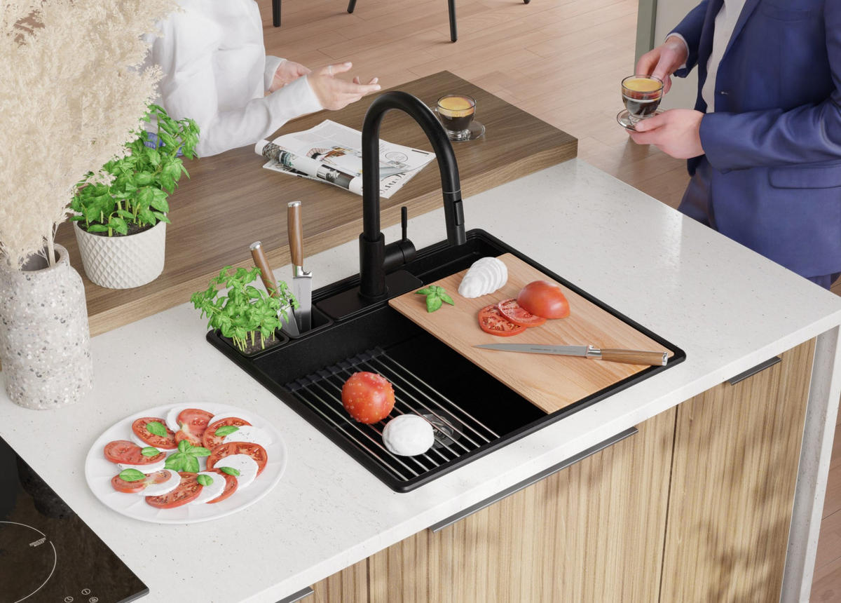 GRANITSPÜLE New York, 2-er set Alles Schwarz 58/53 cm 1 Becken + Küchenarmatur 40/38 cm + Ablauf-Set + Küchenzubehörset ab 60er Unterschrank - Schwarz, Kunststoff (58/20/53cm) - Primagran