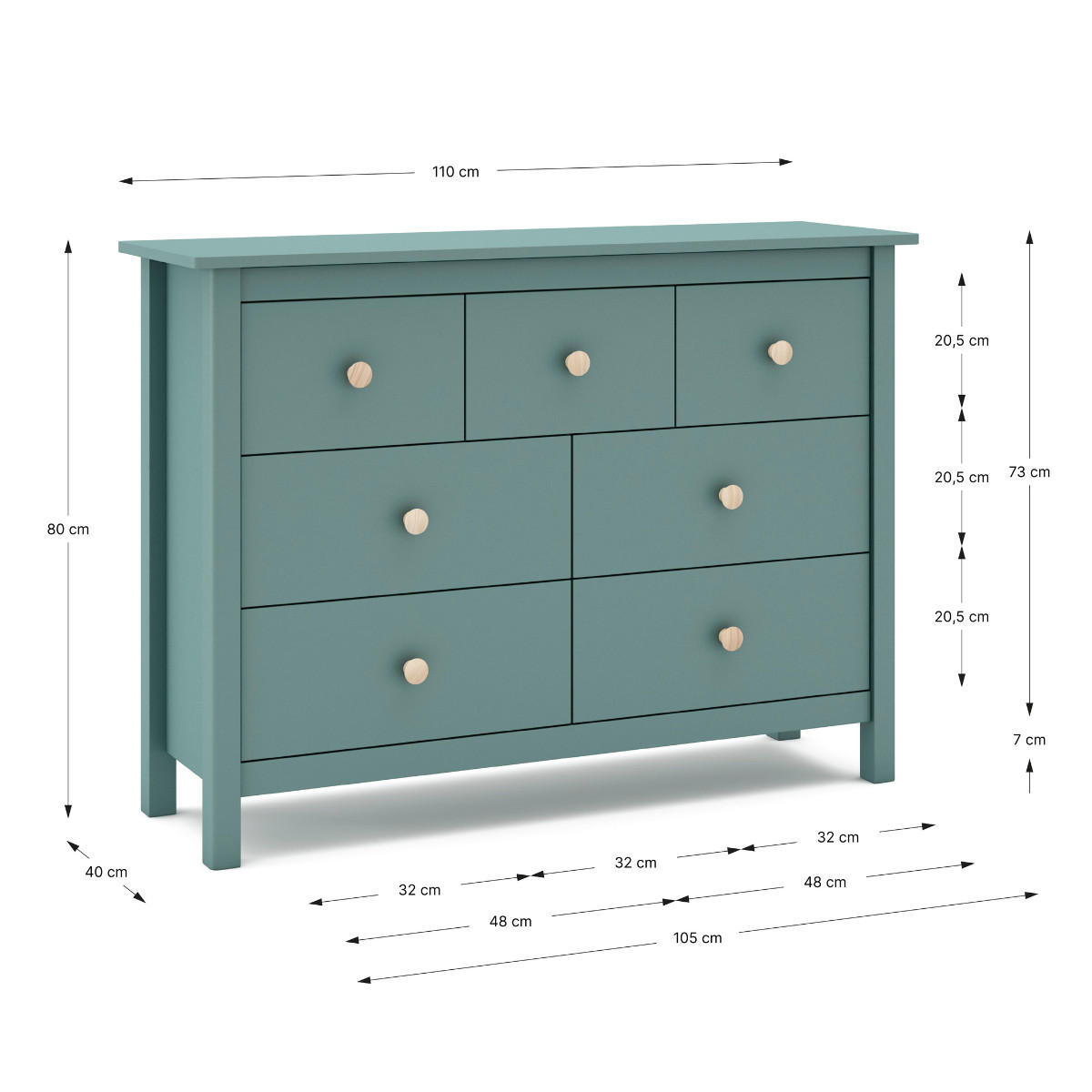 KOMMODE 4 + 3 Schubladen Dekor petrolgrün lackiert L110 cm 40/110/80 cm - Grün, Holz (40/80/110cm) - Calicosy