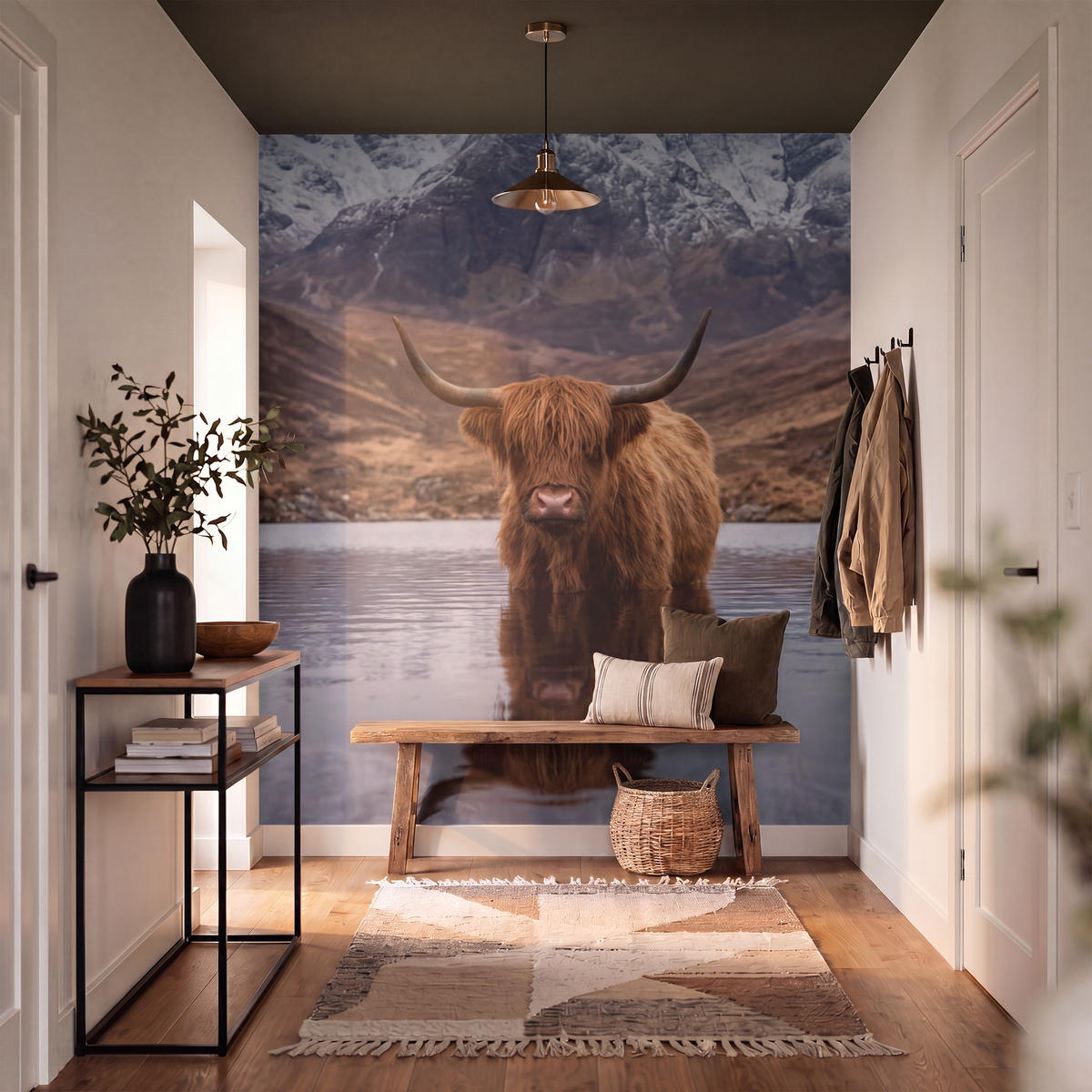 TAPETE - Schottischer Hochländer - Braun - Wasser - 180x200 cm - Braun, Papier (180/200cm) - OnlyWow
