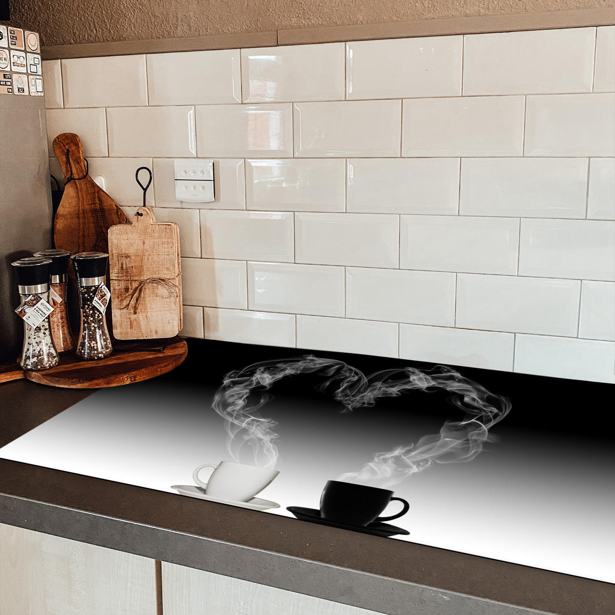 HERDABDECKPLATTE Kaffee - Herz - Schwarz und weiß - Tassen Induktionsschutz 91.2x52 cm - Weiß, Kunststoff (91.2/52/0.2cm) - MuchoWow