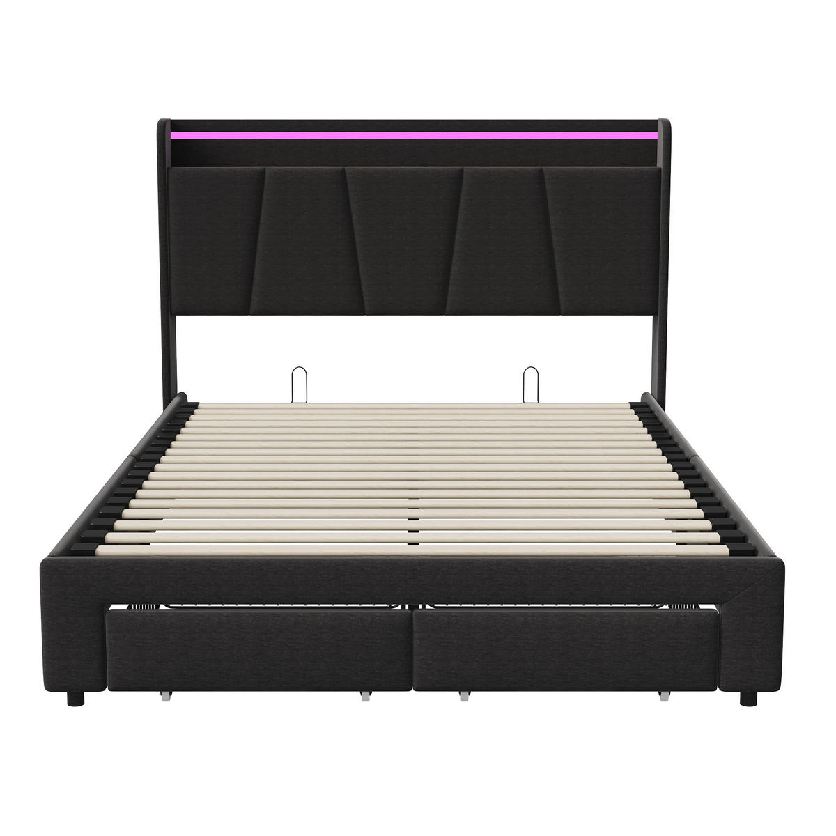 POLSTERBETT 160x200 cm, Bett mit LED-Beleuchtung, Grau Leinen - Schwarz, Metall (160/200cm)