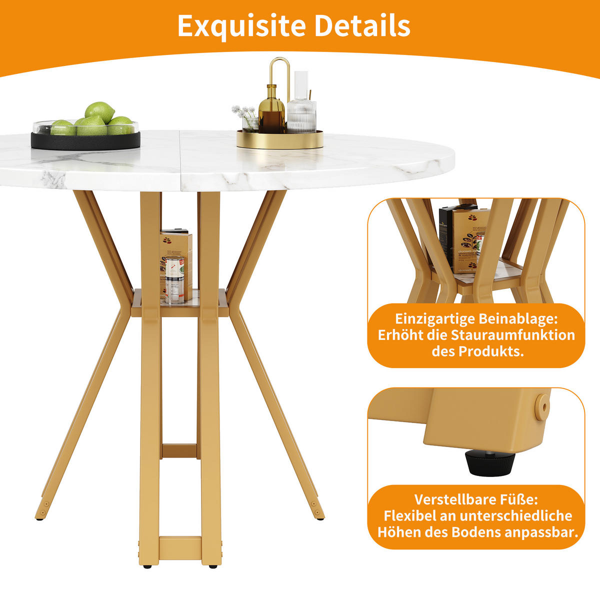 ESSTISCH Rund Weiß Marmoroptik mit Goldbeinen - Weiß, Holzwerkstoff/Metall (100/100/76cm) - Urban Meuble