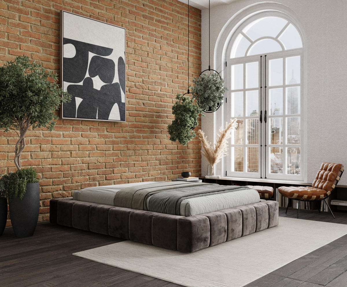 POLSTERBETT Aruba Braun 180/200 cm im Chenille-Stoff - Schwarz/Naturfarben, Holz/Holzwerkstoff (180/200cm) - Maison de Reve