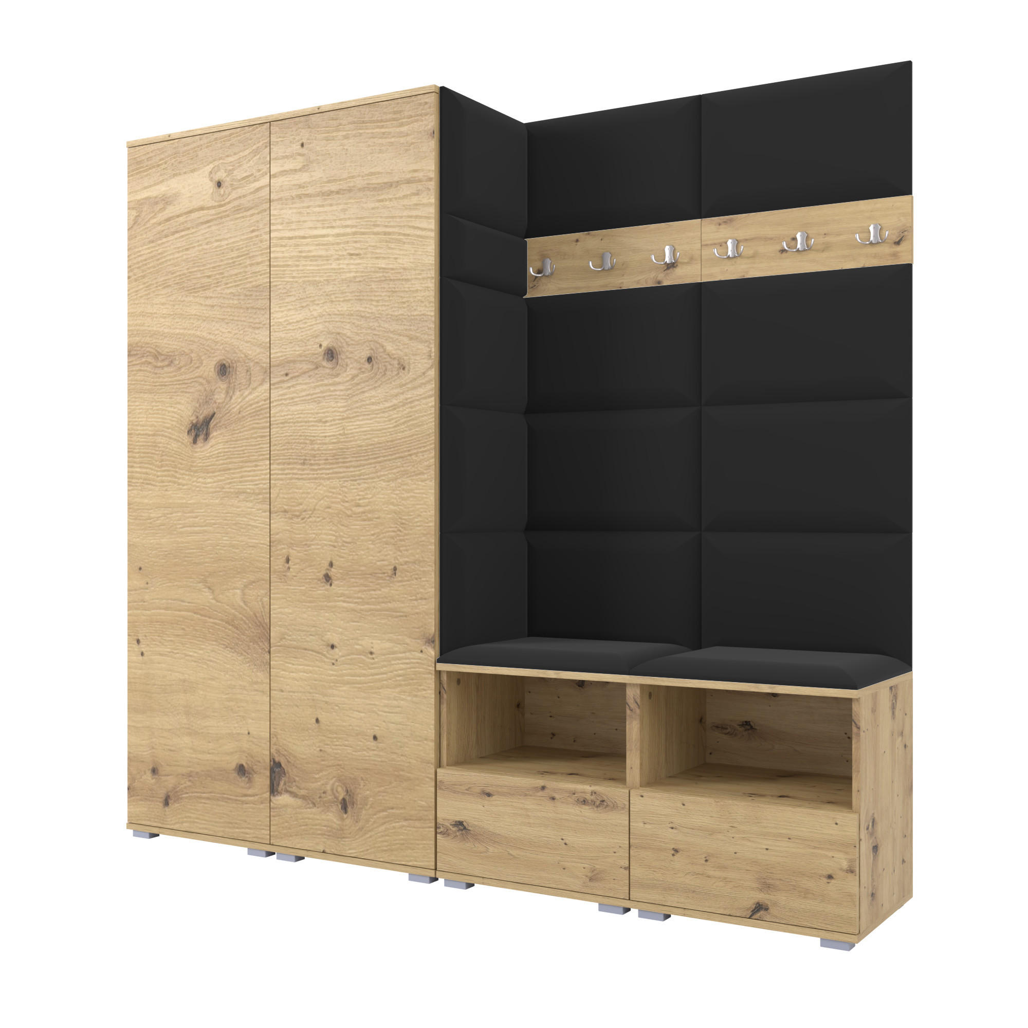 GARDEROBE NELA VI 200 cm (Kompaktgarderobe Artisan Eiche mit Sitzpolster Schwarz 16 Schrank & Paneel) - Silberfarben/Schwarz, Holz/Holzwerkstoff (200/187/40cm) - Ravio