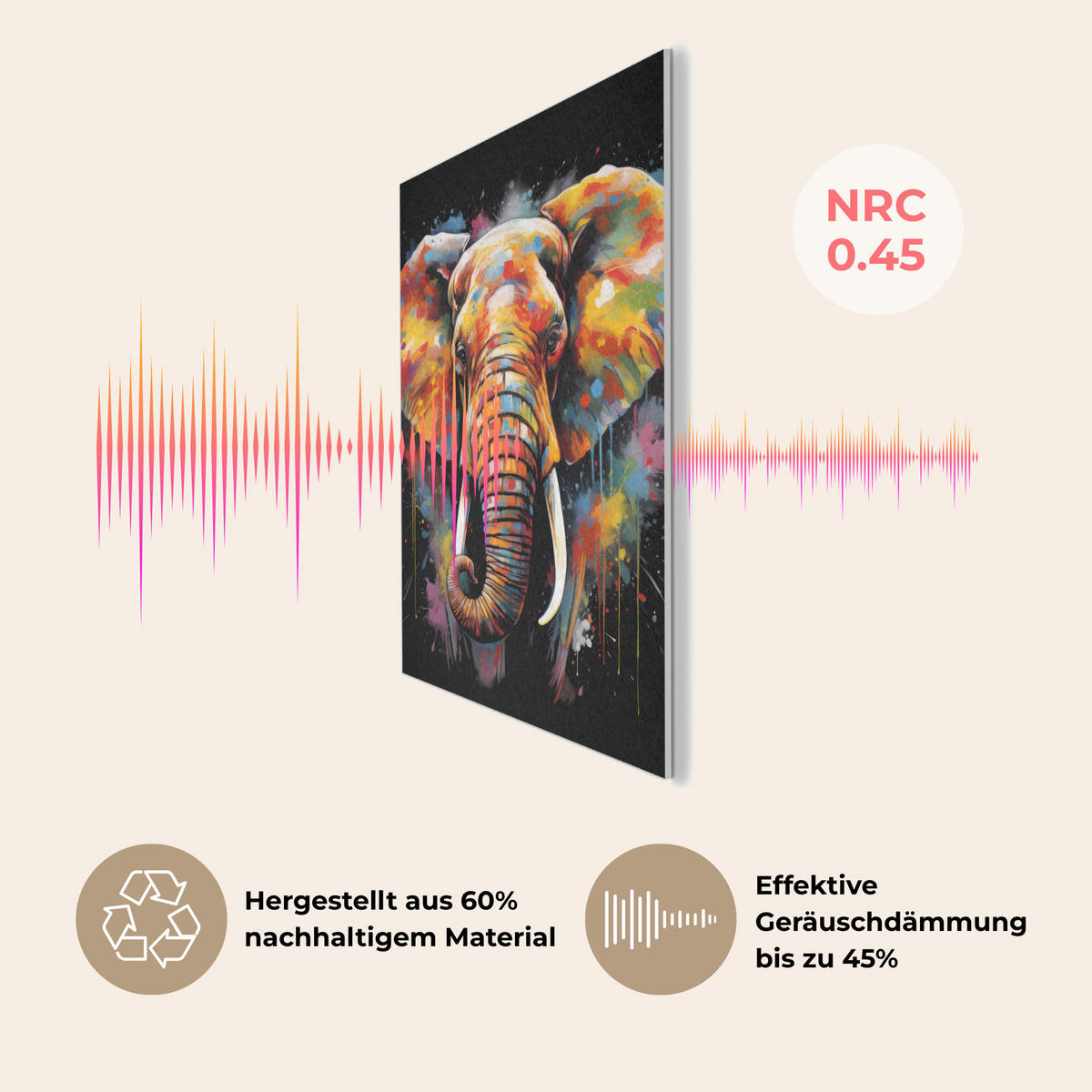 AKUSTIKBILD Elefant - Graffiti - Schwarz - Tiere - Farben Wanddeko 60x90 cm - Schwarz, Kunststoff (60/90/0.9cm) - MuchoWow