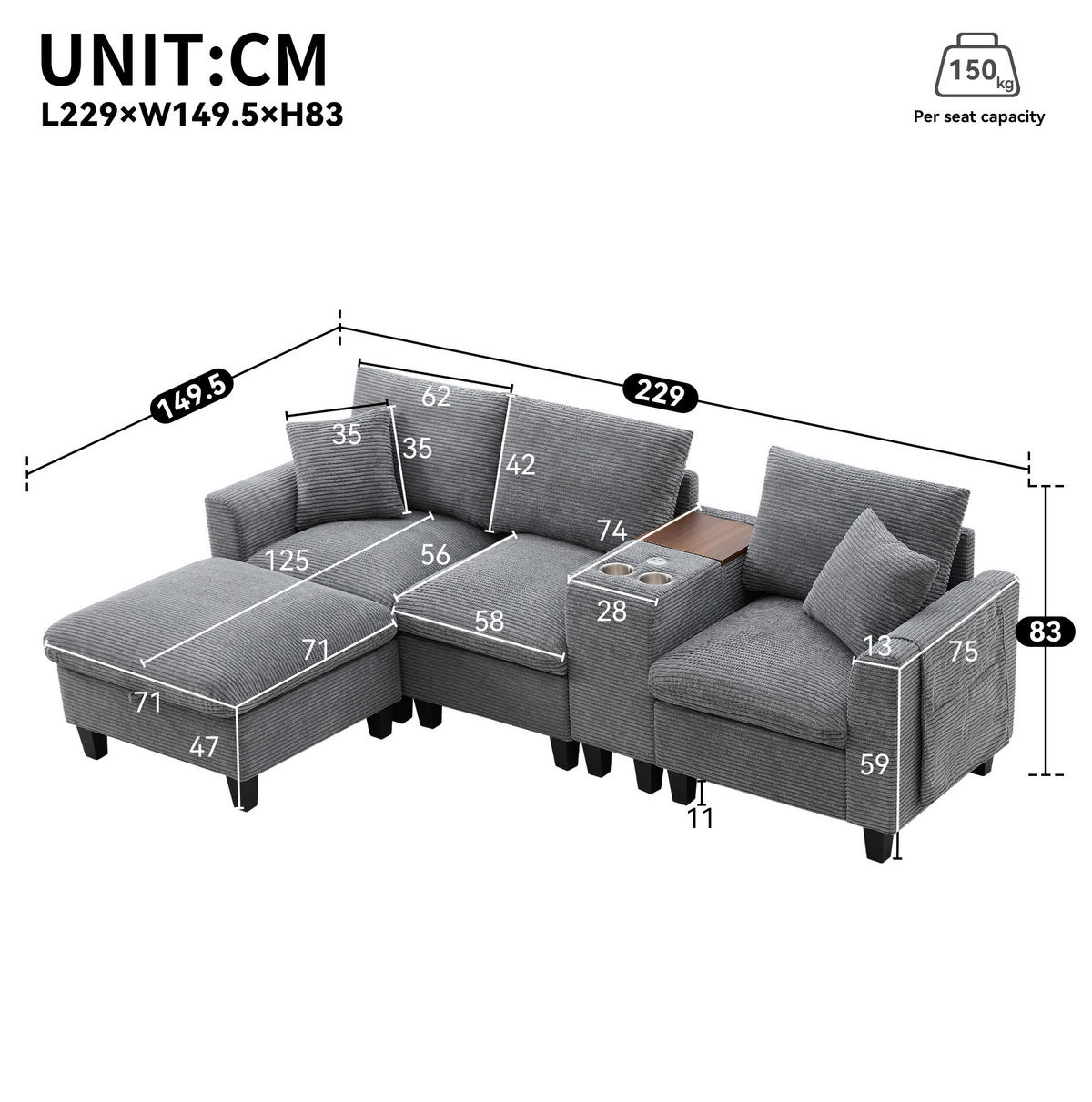 ECKSOFA L-Form 4-Sitzer mit USB-Anschlüssen & Armlehnen Aufbewahrungstaschen Cord Grau 229/149,5/83 cm - Grau, Textil (229/149.5cm) - OKWISH
