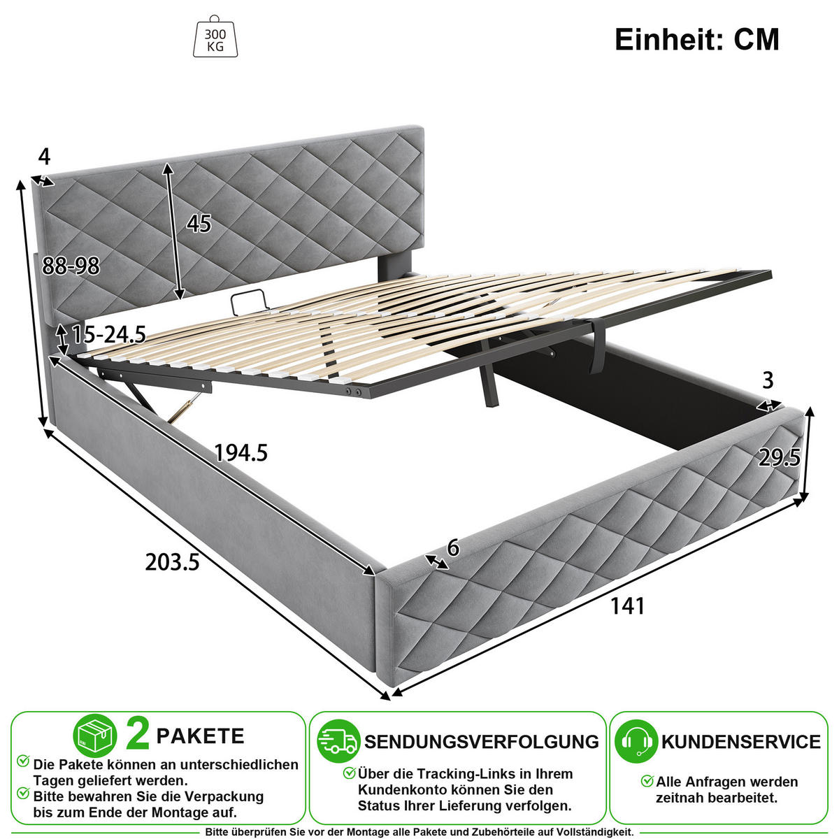 POLSTERBETT 140/200 cm in Grau Samt mit Stauraum und Lattenrost - Hellgrau, Holzwerkstoff/Textil (140/200cm) - CHICFURN