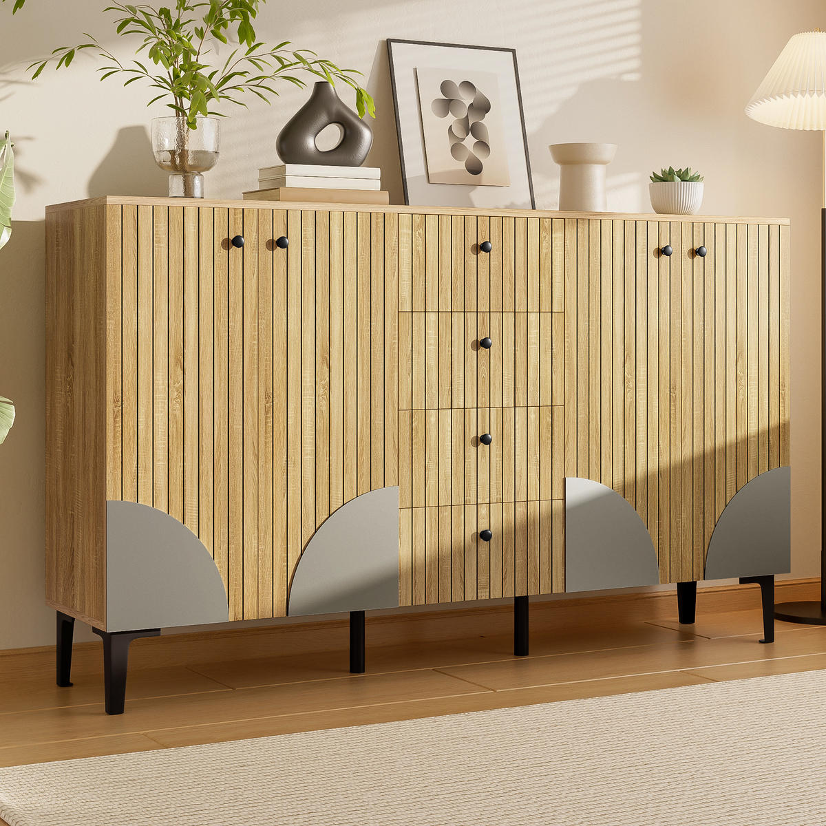 AUFBEWAHRUNGSSCHRANK 160x36x94 Holz 4 Türen 4 Schubladen - Naturfarben, Holzwerkstoff (36/94/160cm) - FLIEKS