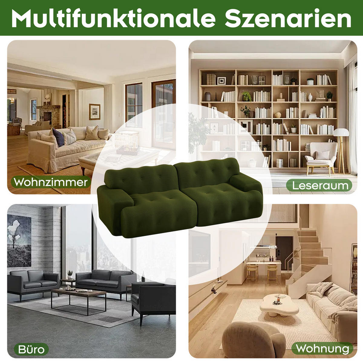 2-SITZER-SOFA 224x104x66cm Geschwungenes Design Vormontiert - Grün, Textil (104/66/224cm) - Raelunyi