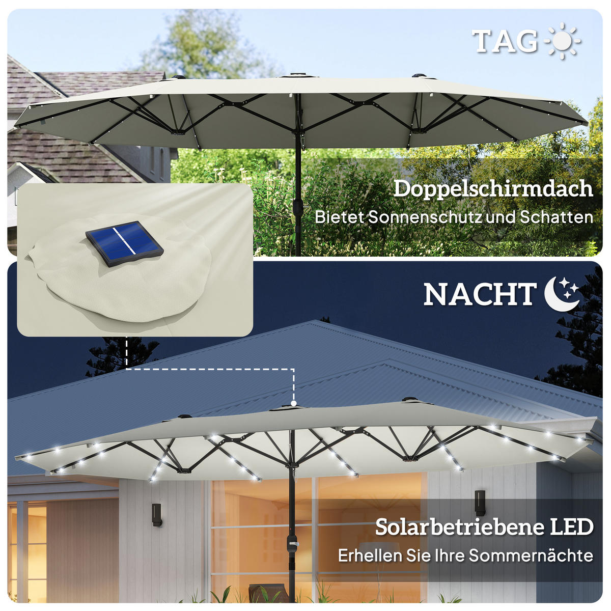 SONNENSCHIRM mit LED, Doppelsonnenschirm, Gartenschirm, Marktschirm, Oval, Metall, Cremeweiß - Weiß, Metall (440/256cm) - Outsunny