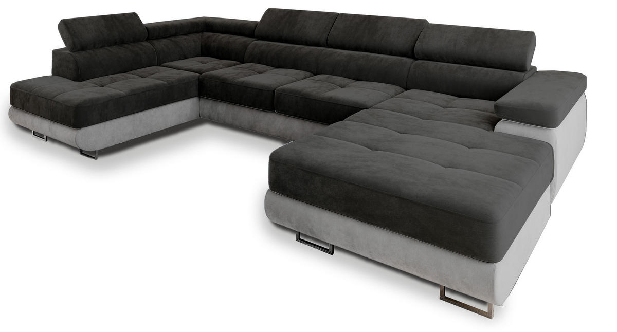 WOHNLANDSCHAFT CASONE L-S Schwarz Velours-Stoff mit Schlaffunktion - Schwarz, Holz (345/90/202cm) - MASSENO