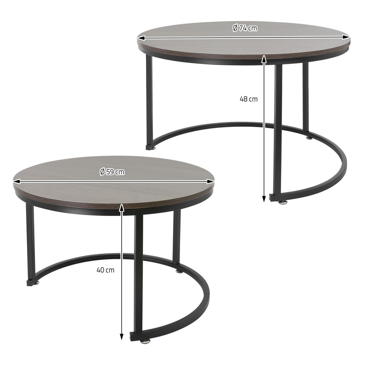 COUCHTISCH rund Eiche-dunkel-Schwarz 74/74/48-59/59/40 cm 2er Set - Dunkelbraun, Metall (74/48/74cm) - ML-DESIGN