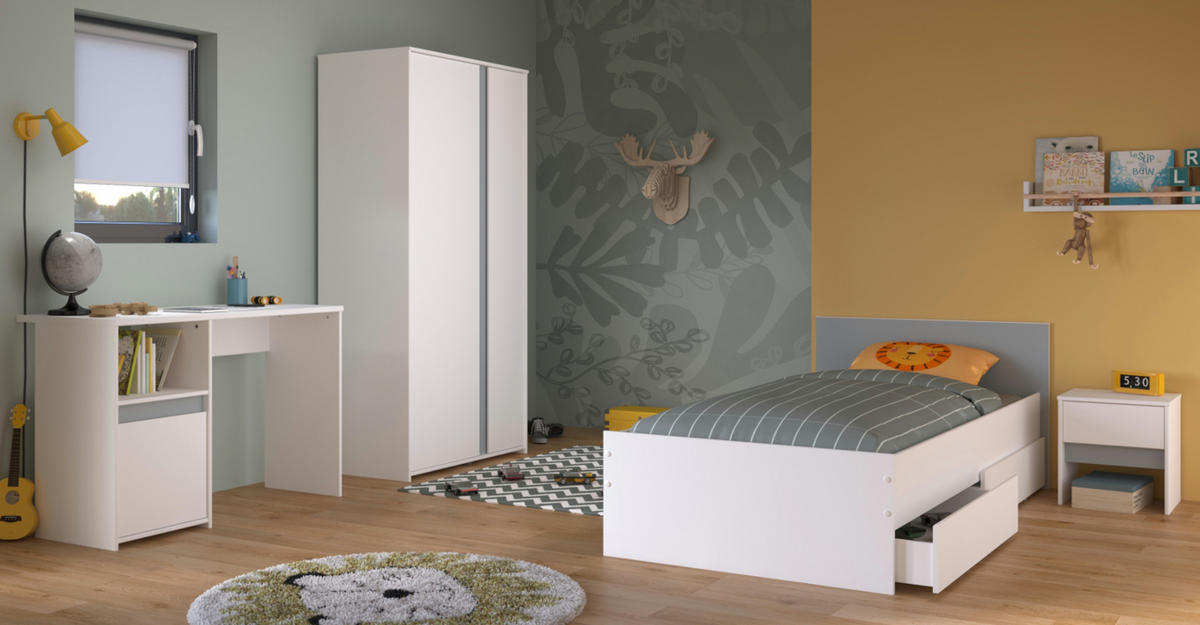 KINDERZIMMER weiß, grau oder rosa, Komplett-Set 4-teilig mit Kleiderschrank, Schreibtisch, Bett 90x200 - Weiß, Holzwerkstoff (100/182/203cm) - Parisot Meuble