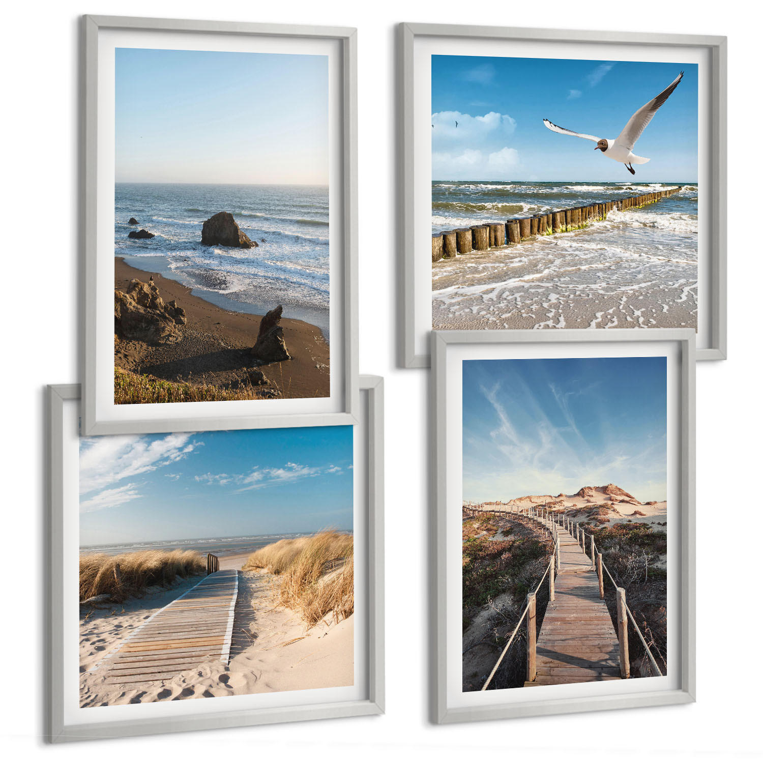BILDER SET 4er Set - 50x50 cm & 40x60 cm Silberner Rahmen - Strandwellen, Himmelsbrücke, Spaziergang - Silberfarben, Kunststoff (50/50cm) - TULUP