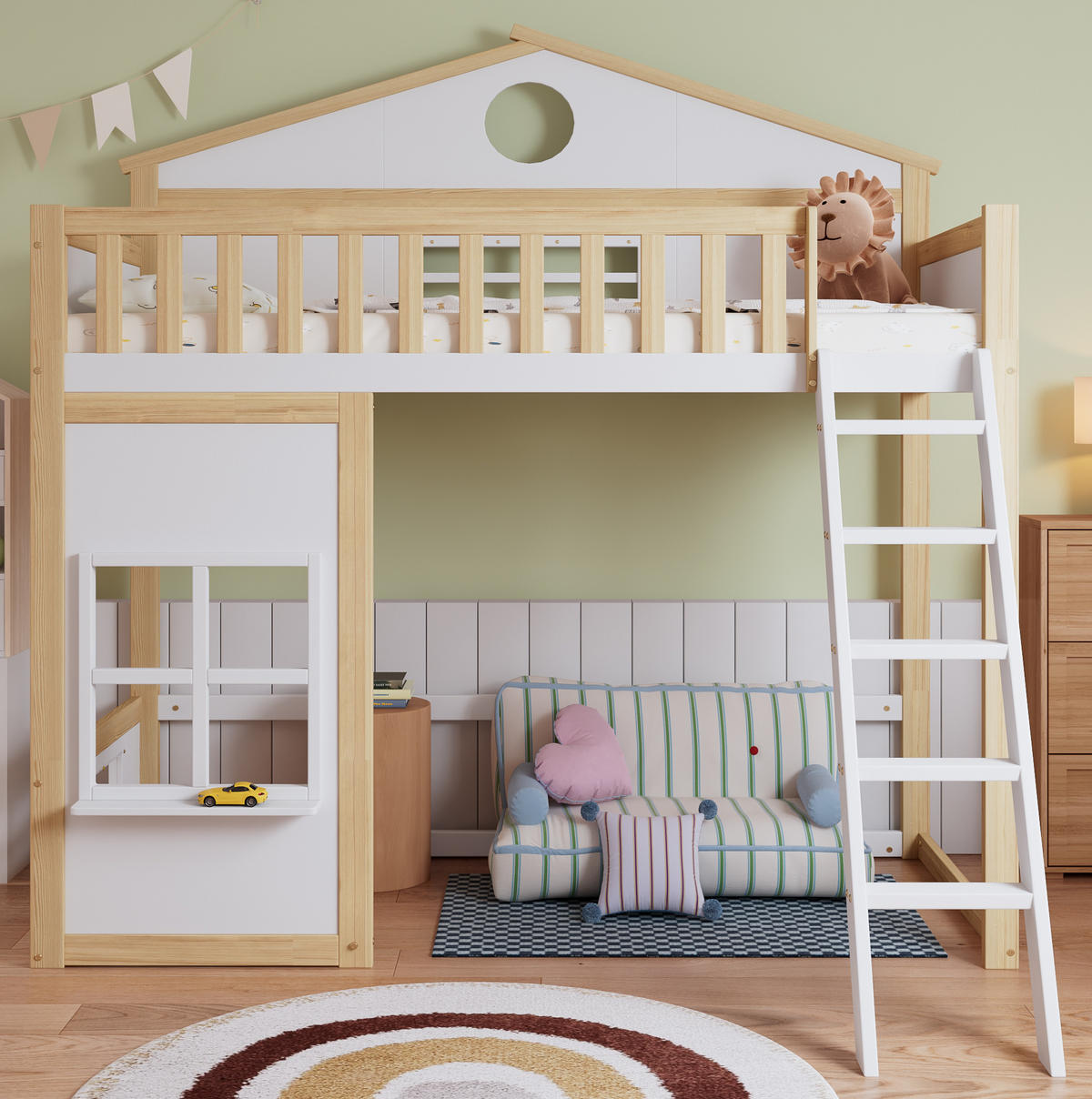 ETAGENBETT 90/200 cm Weiß Natur mit Treppe, Dach und Fenstern - Weiß, Holz (90/200cm) - MIVRAY