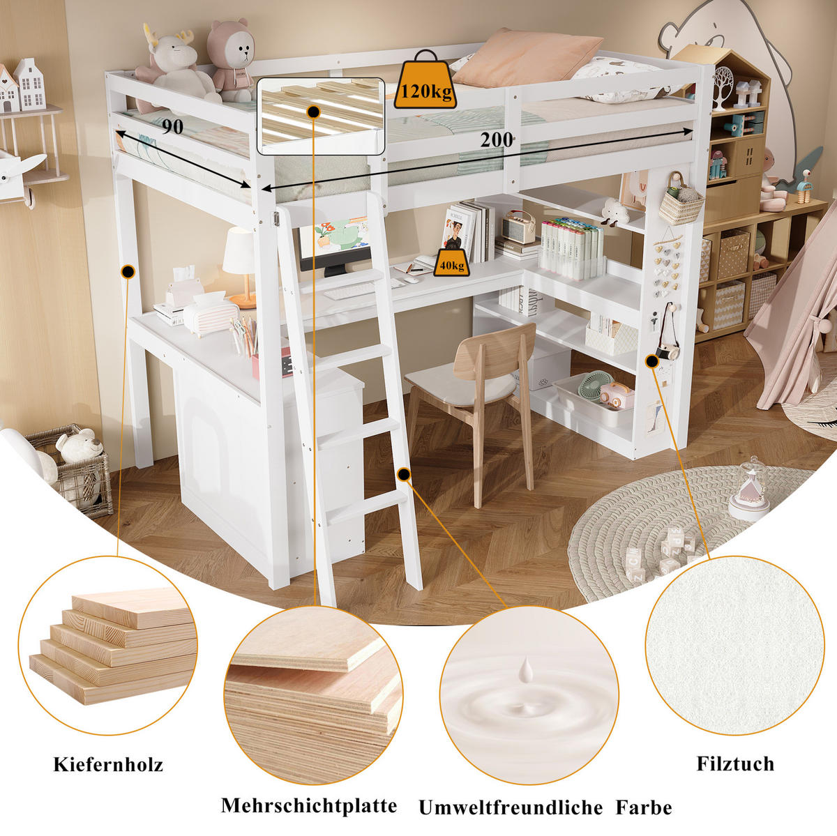 HOCHBETT aus Kiefer, Spanplatte und Sperrholz 90x200 cm Weiß mit Ablageregal, Filztuch und Schrägleiter - Weiß, Holzwerkstoff (140/200cm) - Modfu