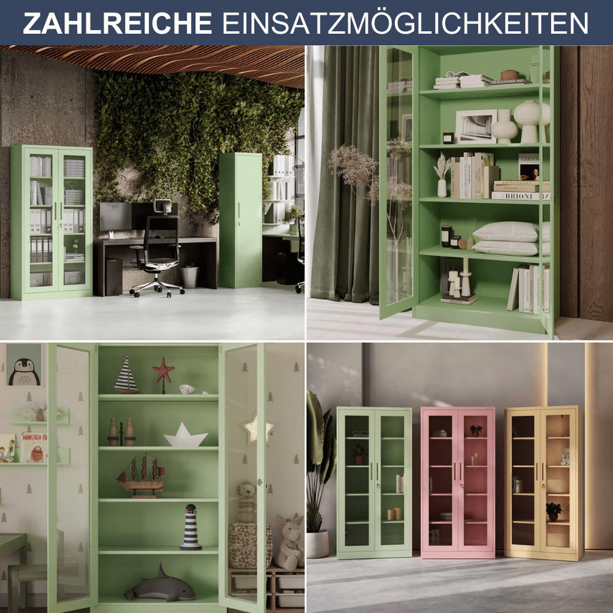 VITRINENSCHRANK abschließbar ELLO mit Glastüren 185x90x40cm Pastellgrün - Pastellgrün, Metall (90/185/40cm) - DELUKE