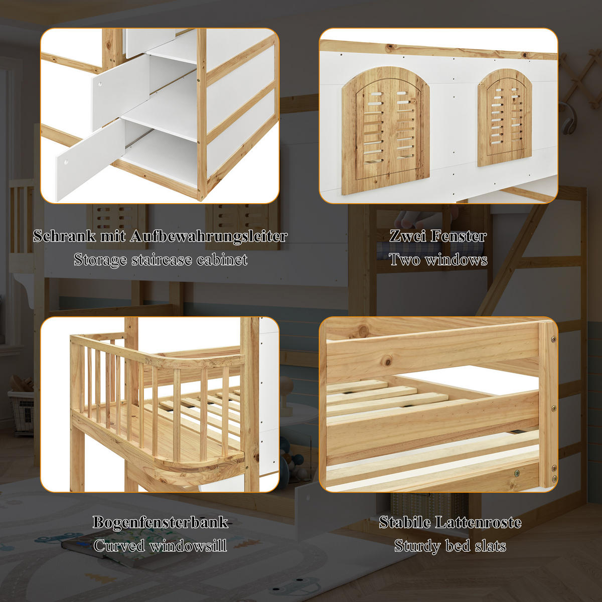 HOCHBETT 90/200 cm in Weiß & Natur mit Treppenschrank und Fensterdesign - Weiß/Naturfarben, Holz/Holzwerkstoff (90/200cm) - WISHDOR