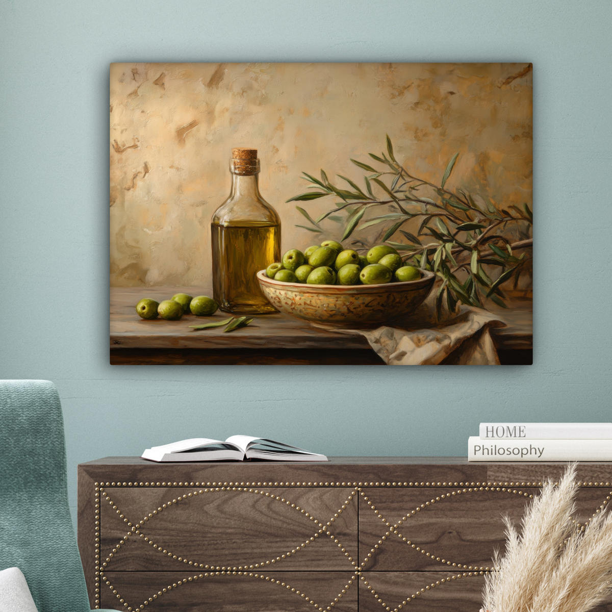 LEINWANDBILD Oliven - Stilleben - Vintage Wandbilder 80x60 cm - Olivgrün, Textil (80/60cm) - MuchoWow