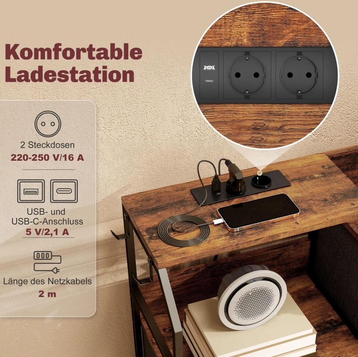 KOMMODE 130.5/30/88 cm Rustikal Braun aus Stoff mit Ladestation - Schwarz, Textil (30/88/130.5cm) - OKMYHOME