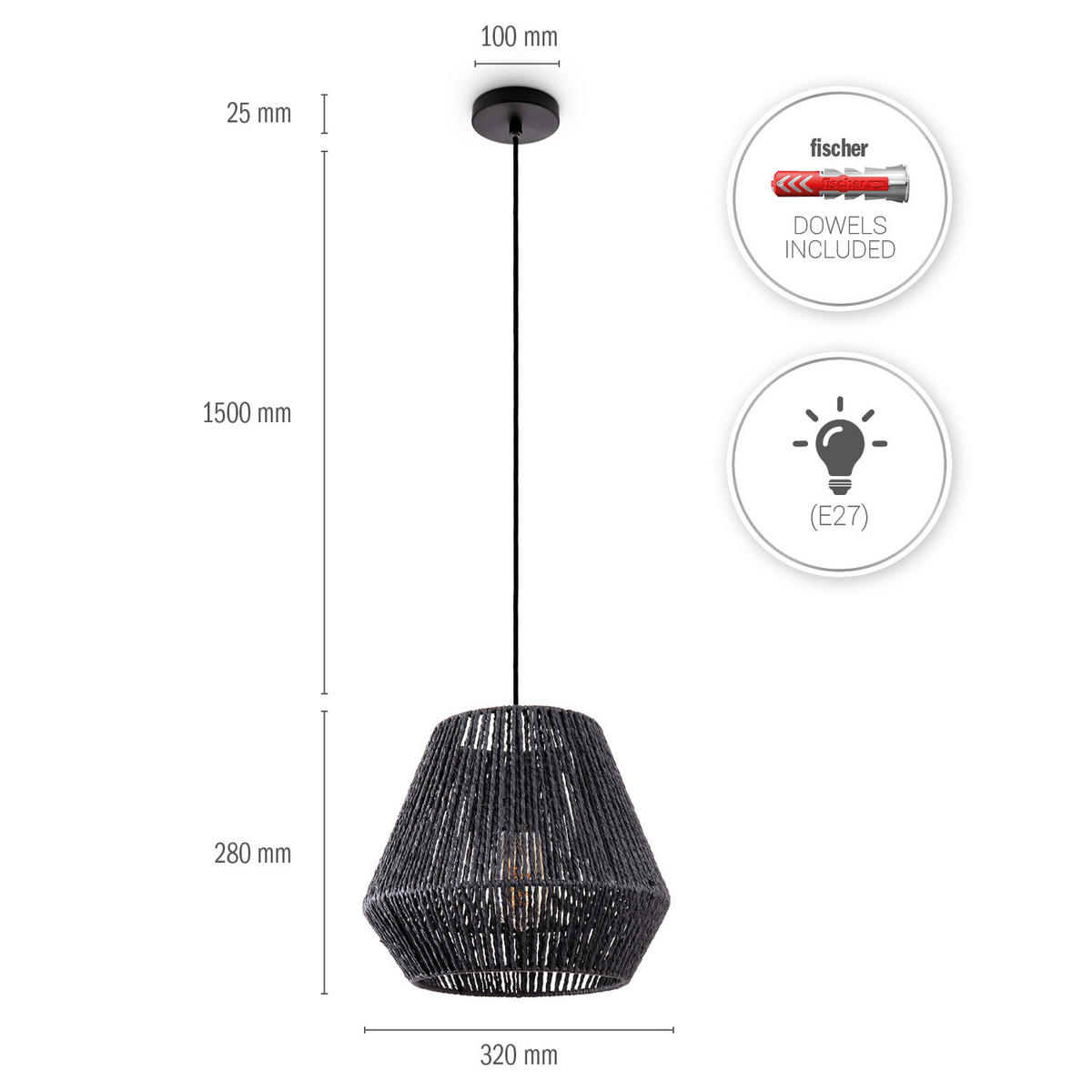 PENDELLEUCHTE Hugo Pd1 Diego - Schwarz, Metall (32/32/28cm) - Paco Home