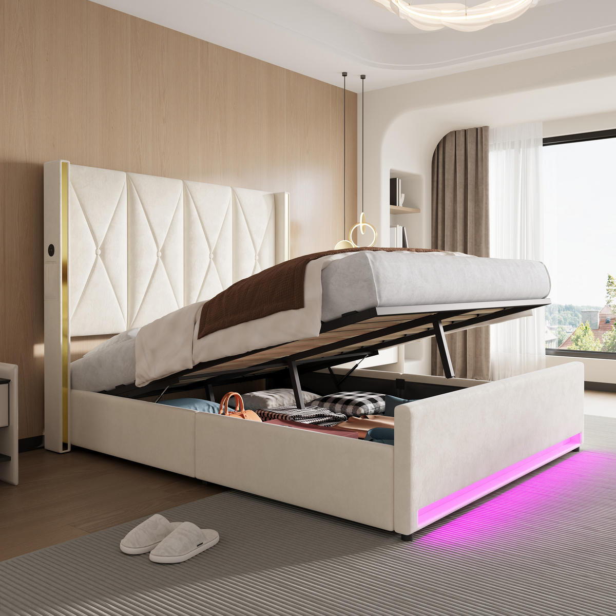 POLSTERBETT, Doppelbett 160x200cm mit Stauraum, LED und USB-C, Hydraulisches Funktionsbett, Beige - Beige, Holz/Textil (160/200cm) - LVHOM