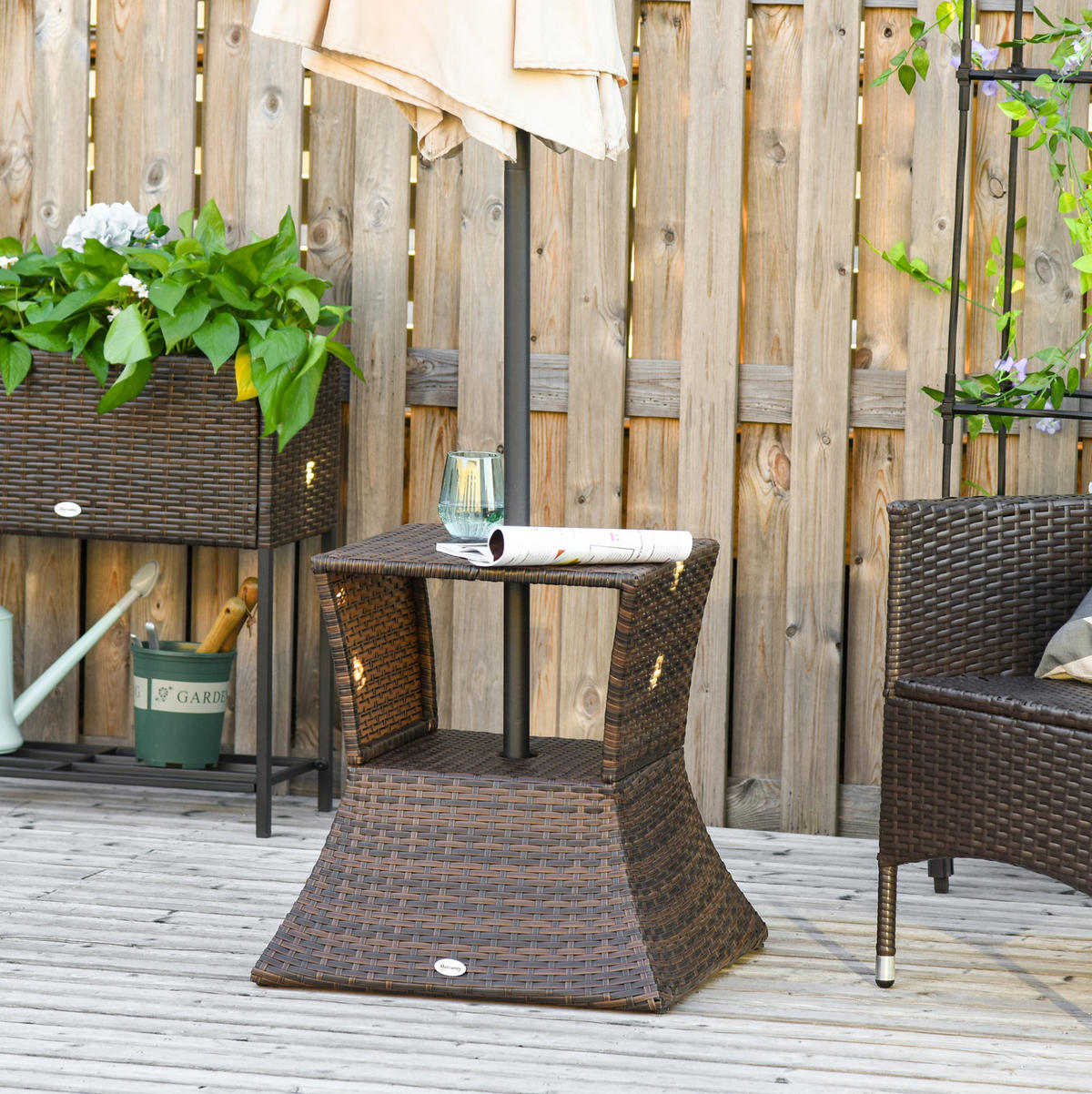 GARTENTISCH 54/54/55 cm braun aus Polyrattan mit Schirmständer - Braun, Kunststoff (54/54/55cm) - OKWISH