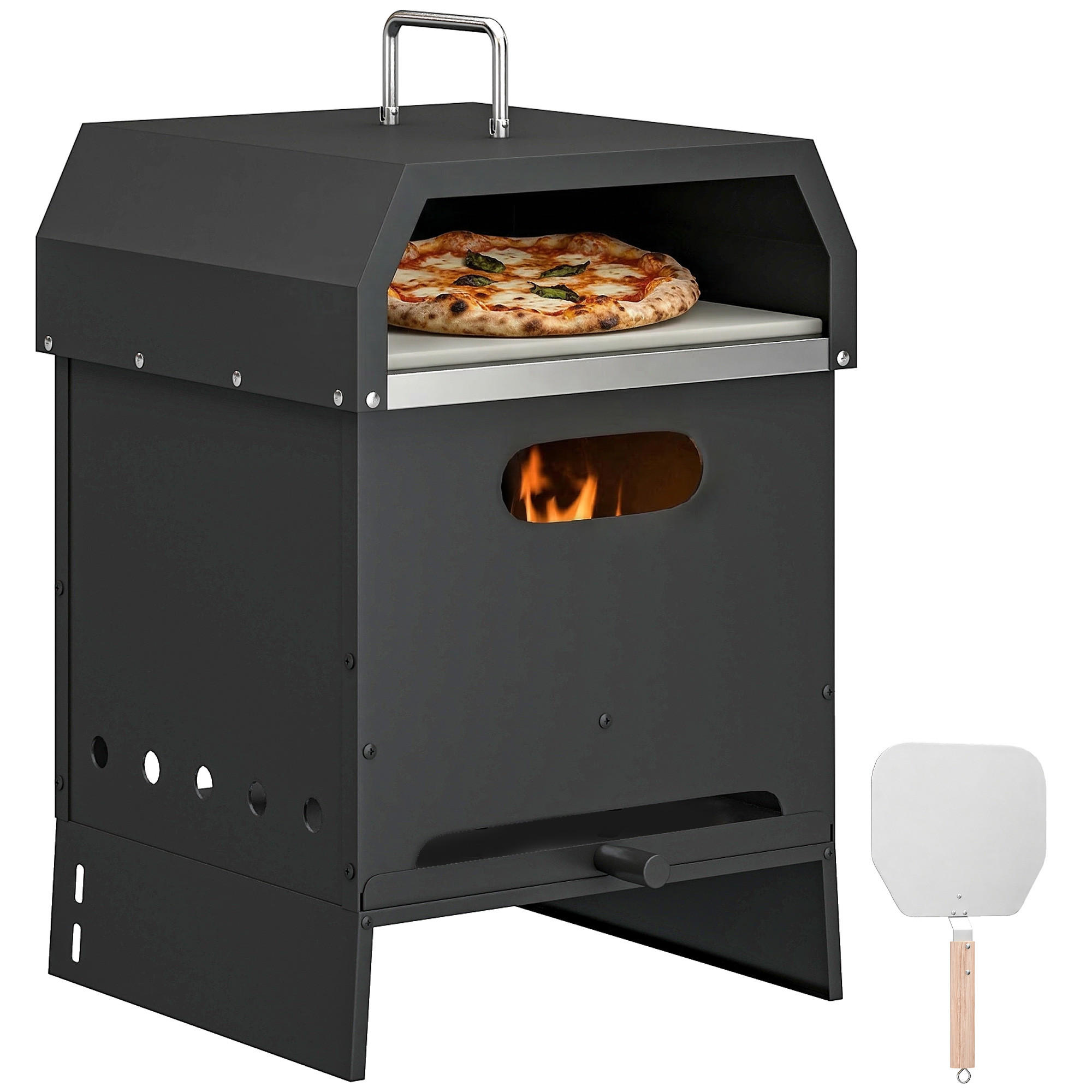PIZZAOFEN DE-10300 3-in-1 holzbefeuert mit Pizzastein Schwarz - Schwarz, Metall (37.5/53.5/40cm) - ComfortXL